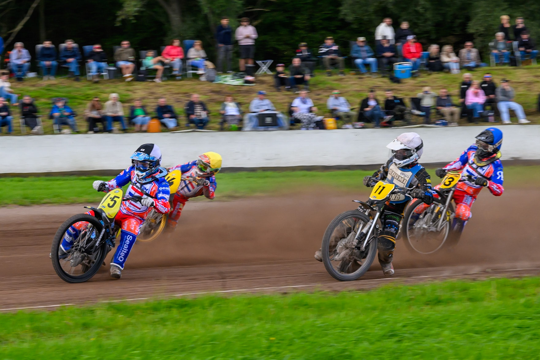 Dave Meijerink (15) of Netherlands in Black &amp; White  leading Jesse Mustonen (11) of Finland in White , Romano Hummel (14) of Netherlands in Yellow  and Mika Meijer (13) of Netherlands in Blue during the FIM Long Track of Nations 2026 at the Speed Centre Roden in the Netherlands on Sunday 20th September 2026. (Photo: Ian Charles | MI News)