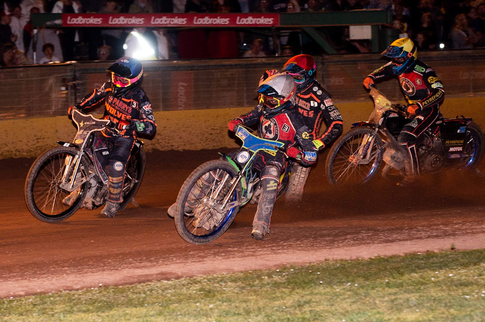 Photo by Ian Charles:

Dan Bewley  (White) leads the charge inside Scott Nicholls  (Blue) Rory Schlein  (Red) and Dimitri Bergé  (Yellow)

Wolverhampton Wolves v Belle Vue Aces, British Speedway Premiership 22 April 2019