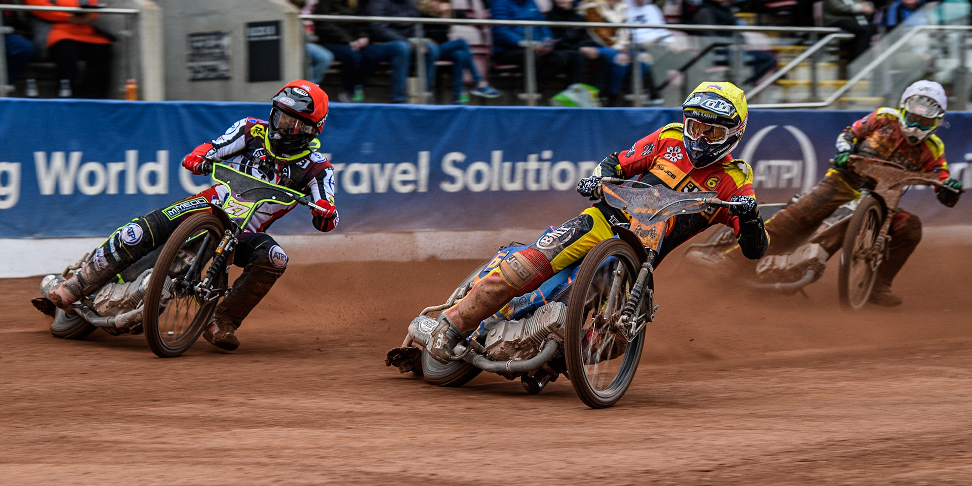 Jake Allen  (Yellow) inside Tom Brennan  (Red) with Richard Lawson  (White) behind during the SGB Premiership match between Belle Vue Aces and Leicester Lions at the National Speedway Stadium, Manchester on Monday 1st May 2023. (Photo: Ian Charles | MI News)