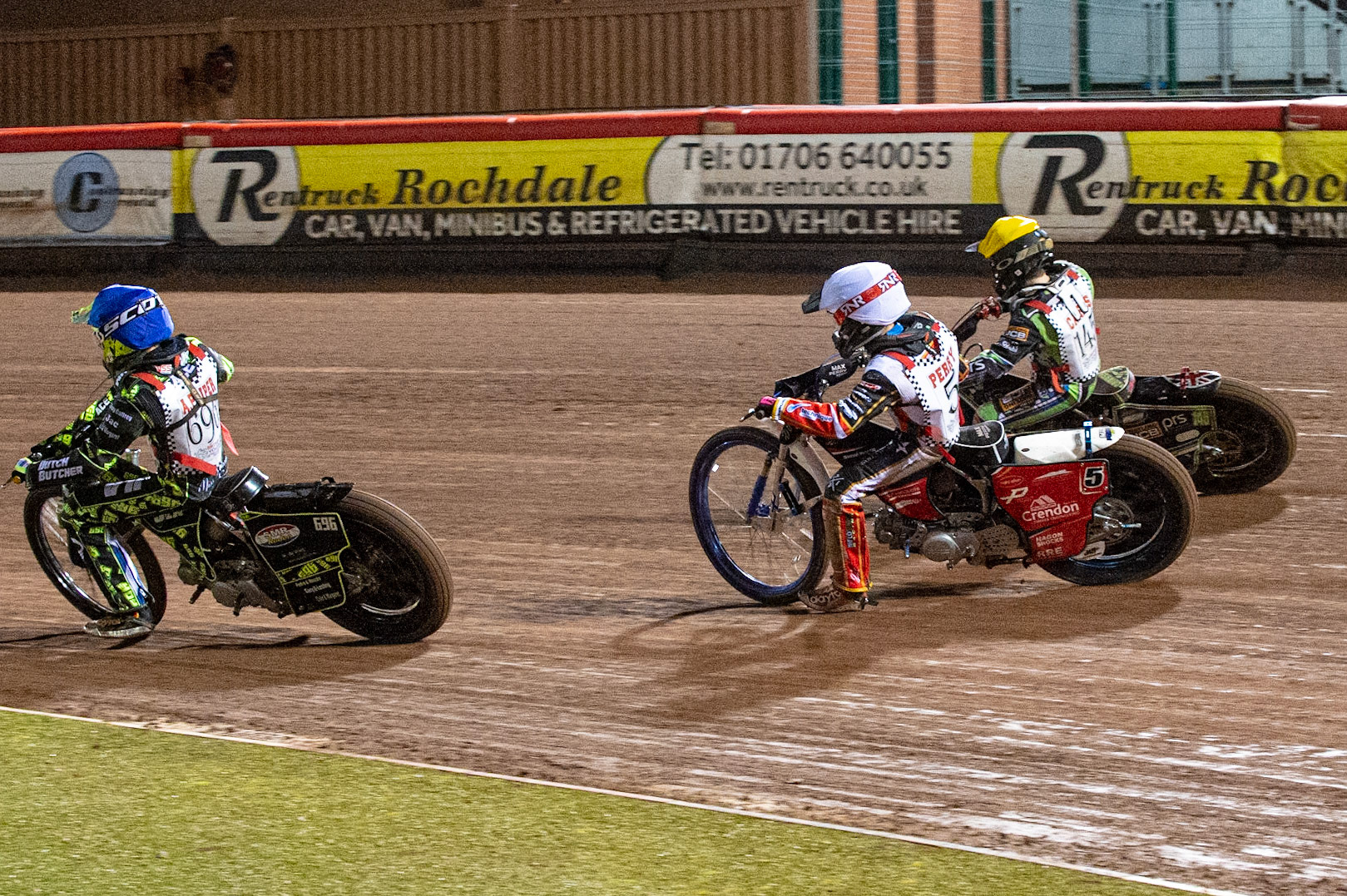 Photo: Ian CharlesAce Pijper (Blue) leads Max Perry (White) and William Cairns (Yellow) (125cc A Class)British Youth Speedway Championship (Round 5), National Speedway Stadium, Manchester Saturday  10  October  2020