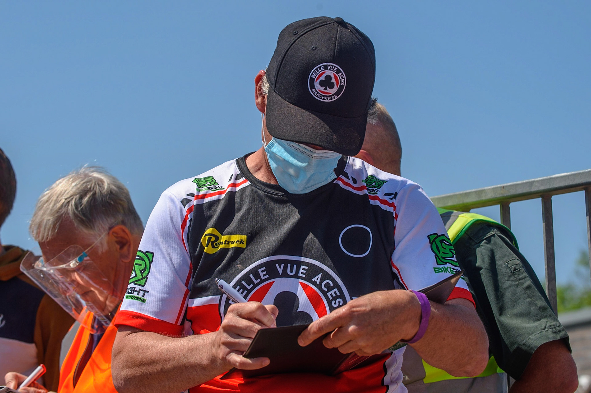 MANCHESTER, UK. MAY 31ST  Belle Vue BikeRight Aces  manager Mark Lemon  plans his next move during the SGB Premiership match between Belle Vue Aces and Peterborough at the National Speedway Stadium, Manchester on Monday 31st May 2021. (Credit: Ian Charles | MI News)