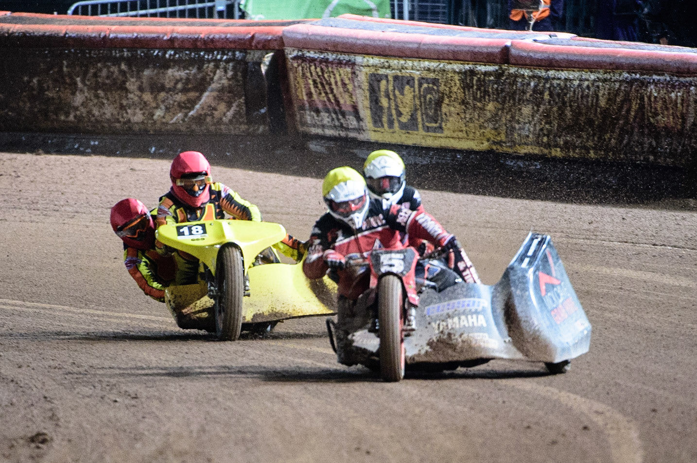 MANCHESTER, UK. OCT 30TH   Mick Cave &amp; Bradley Steer  (Yellow) leads Mick Stace &amp; Ryan Knowles  (Red) during the Manchester Masters Sidecar Speedway and Flat Track Racing at the National Speedway Stadium, Manchester on Saturday 30th October 2021. (Credit: Ian Charles | MI News)