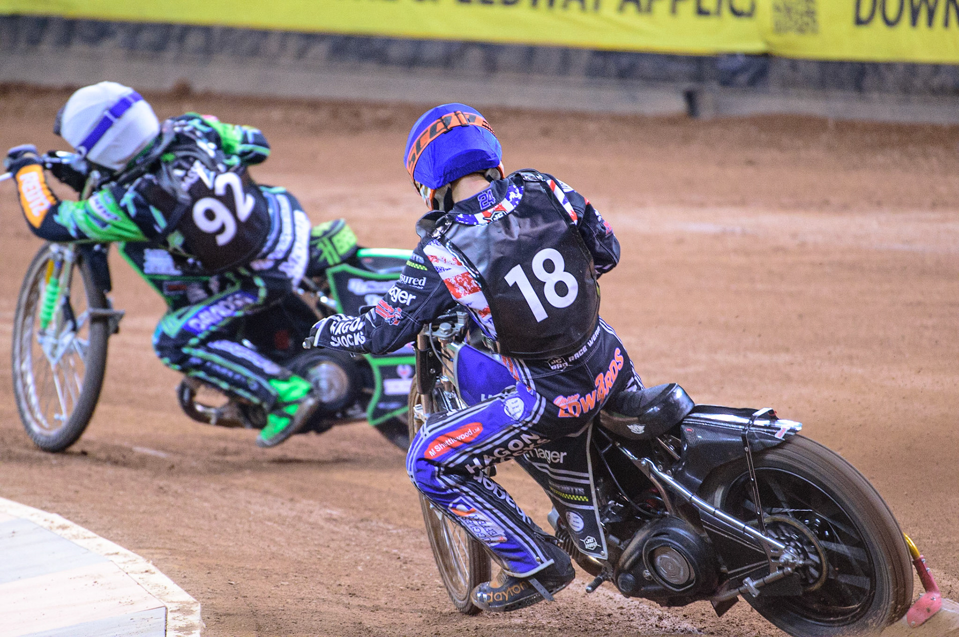 Jason Edwards (Great Britain) (Blue) chases 92\ (White) during the FIM  Speedway Grand Prix  2 of Great Britain at the Principality Stadium, Cardiff on Sunday 14th August 2022. (Credit: Ian Charles | MI News)