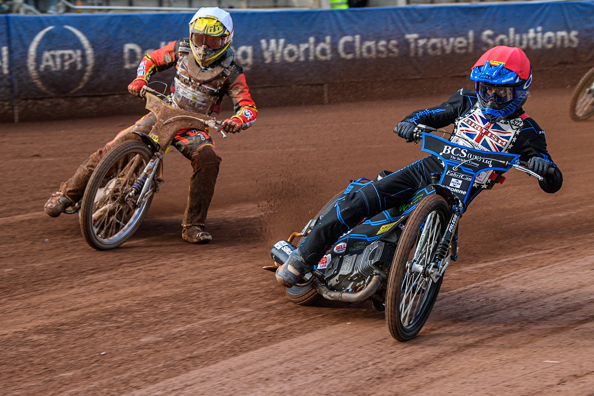 Ashton Boughen (Red) leads Max James  (White) during the British Youth Speedway Championships at the National Speedway Stadium, Manchester on Friday 21st July 2023. (Photo: Ian Charles | MI News)