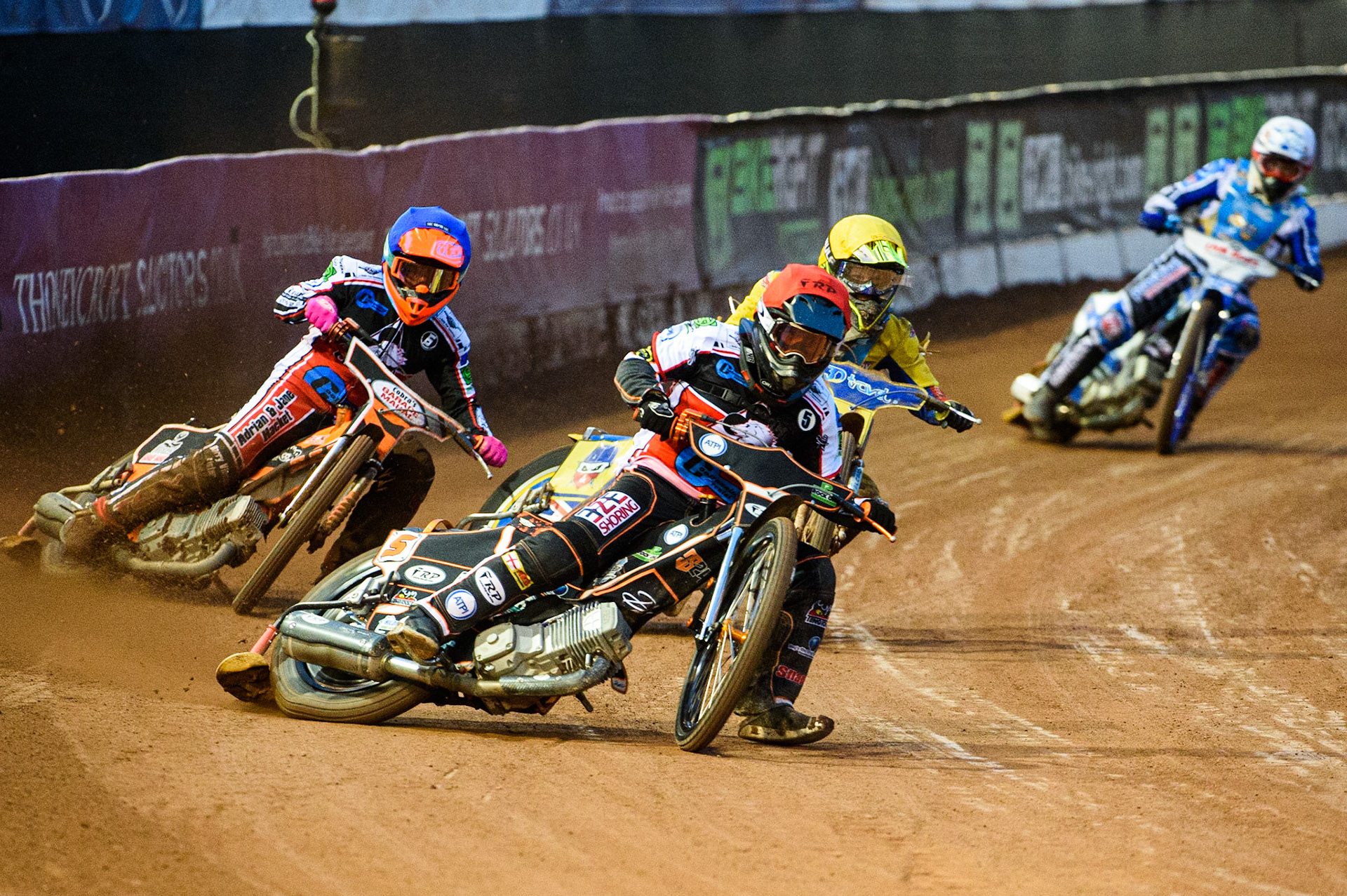 MANCHESTER, UK. AUGUST 20TH Jack Smith  (Red) leads Connor Coles  (Blue) George Rothery  (Yellow) and Danny Phillips  (White) during the National Development League match between Belle Vue Aces and Armadale Devils at the National Speedway Stadium, Manchester on Friday 20th August 2021. (Credit: Ian Charles | MI News)