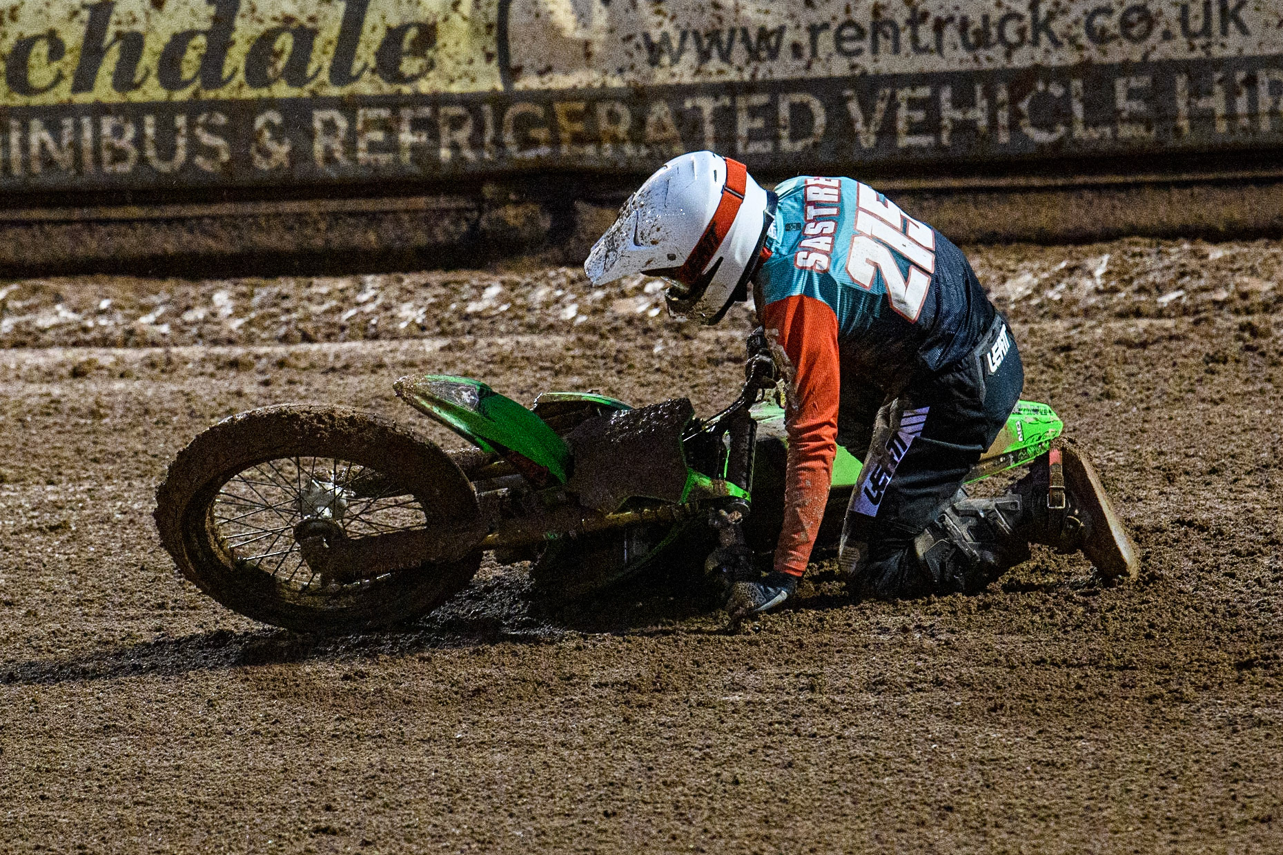 Ferran Sastre Martinez (215) from Spain falls during the FIM World Flat Track Championship Round 1 at the National Speedway Stadium, Manchester on Saturday 5th August 2023. (Photo: Ian Charles | MI News)