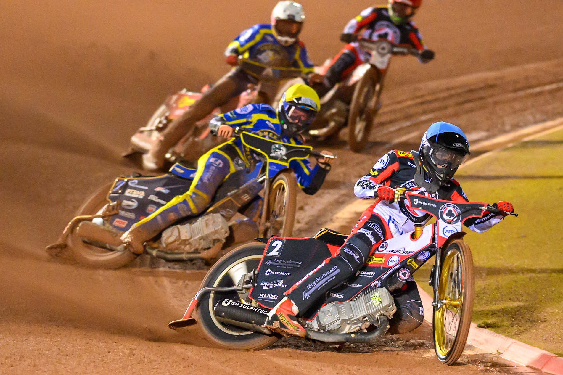 Norick Blodorn of Belle Vue Aces in Blue leading Anders Rowe of Sheffield Tigers in Yellow Max Fricke, Guest Rider for Sheffield Tigers  in White and Brady Kurtz of Belle Vue Aces  in Red during the Rowe Motor Oil Premiership Grand Final 2nd Leg between Belle Vue Aces and Sheffield Tigers at the National Speedway Stadium, Manchester on Friday 16th October 2026. (Photo: Ian Charles | MI News)