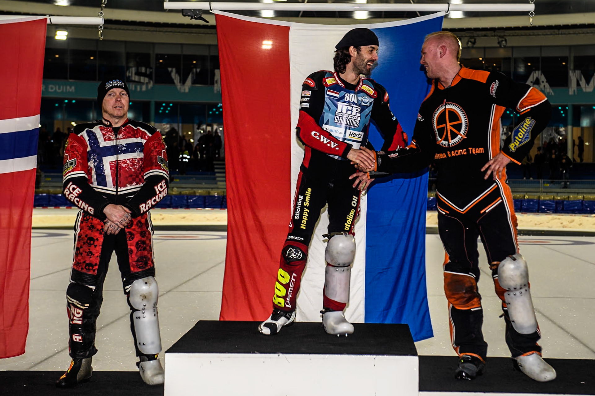 The Top 3: (L to R) Jo Saetre of Norway (3rd), Jasper Iwema of The Netherlands (1st) and Sebastian Reitsma of The Netherlands (2nd) during the Roelof Thijs Bokaal at Ice Rink Thialf, Heerenveen, The Netherlands on Friday 5th April 2024. (Photo: Ian Charles | MI News)