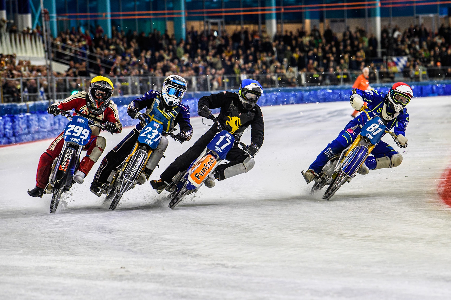 (L to R) Martin Posch (299) of Austria in Yellow,\Jimmy Hörnell (237) of Sweden in White, Leon Kramer (17) of The Netherlands in Blue and Jimmy Olsén (81) of Sweden in Red during the FIM Ice Speedway Gladiators World Championship, Final 4 at the Ice Stadium, Thialf, Heerenveen on Sunday 6th April 2025. (Photo: Ian Charles | MI News)