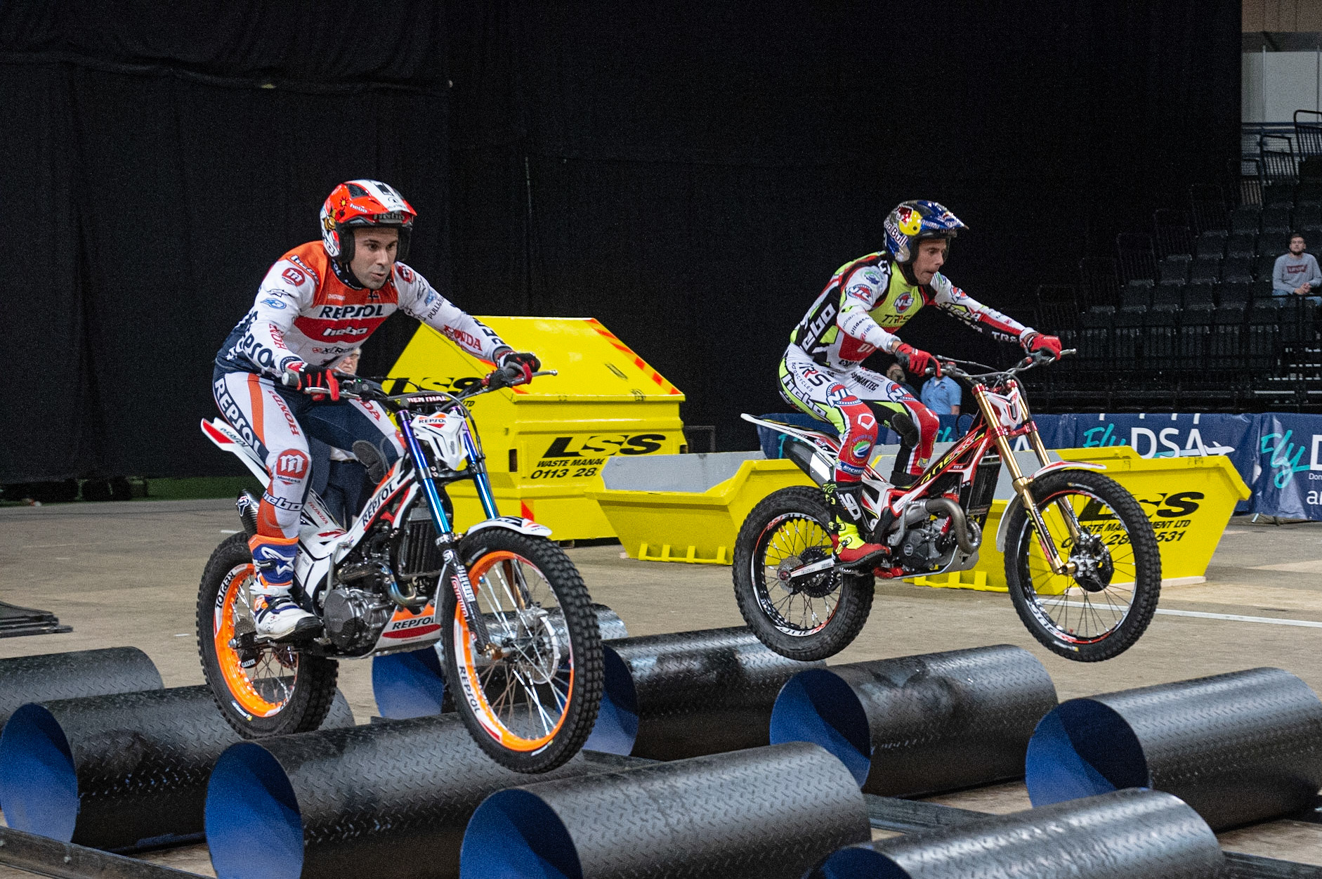 SHEFFIELD, ENGLAND  - DECEMBER 28TH  Tony Bou, Spain (Montessa) (left) races Adam Raga, Spain (TRRS) in the final  during the 25th Anniversary Sheffield Indoor Trial at the FlyDSA Arena, Sheffield on Saturday 28th December 2019. (Credit: Ian Charles | MI News)