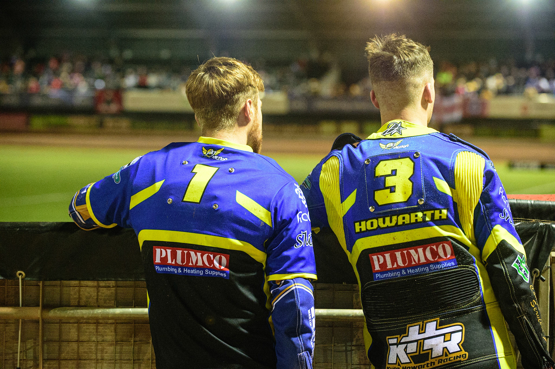 MANCHESTER, UK. OCT 7TH  Connor Mountain  (left) and Kyle Howarth  watch the track prep during the SGB Premiership Play off Semi-Final Second Leg between Belle Vue Aces and Sheffield Tigers at the National Speedway Stadium, Manchester on Thursday 7th October 2021. (Credit: Ian Charles | MI News)