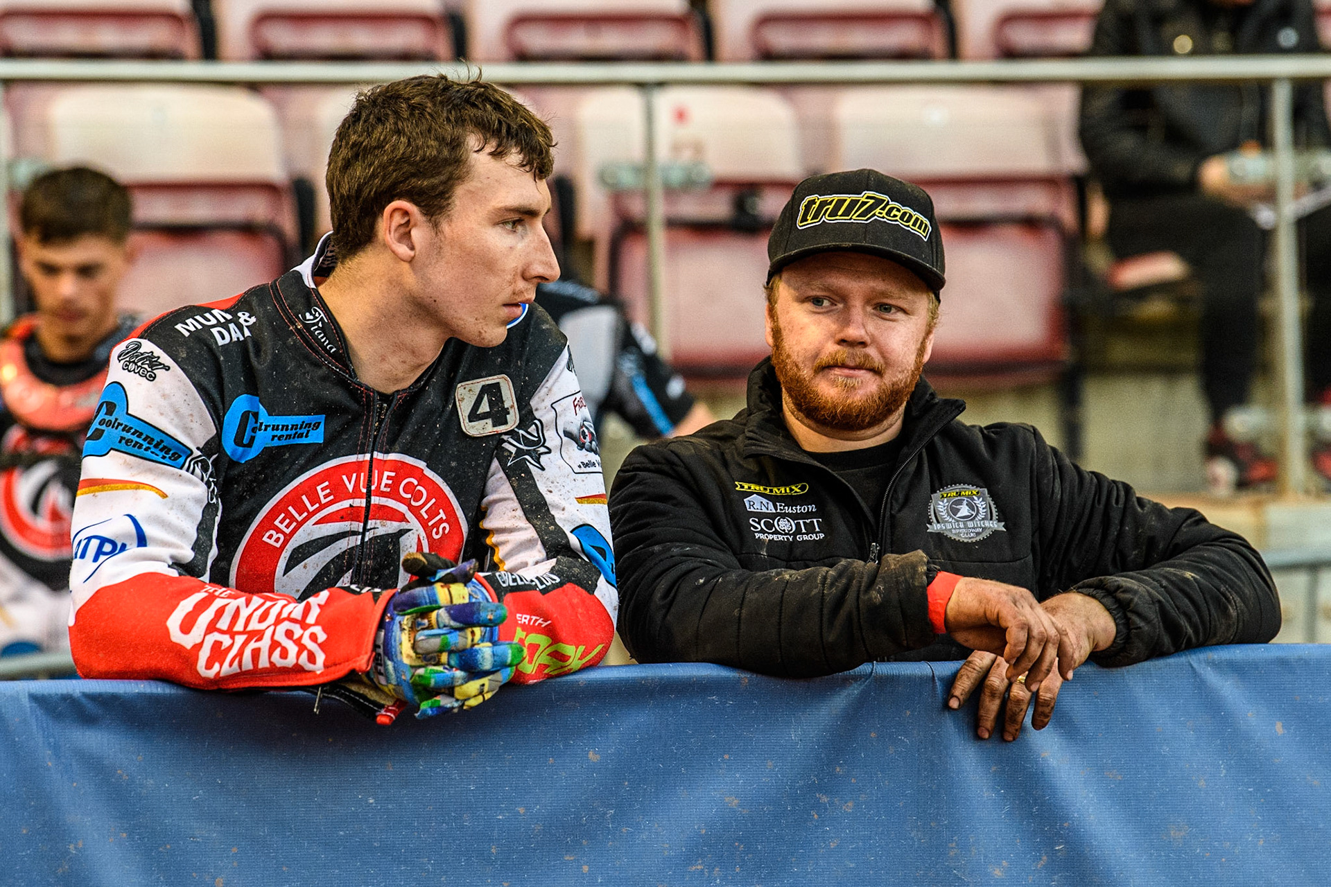 Matt Marson (left) with his mechanic during the National Development League match between Belle Vue Colts and Mildenhall Fens Tigers at the National Speedway Stadium, Manchester on Friday 26th May 2023. (Photo: Ian Charles | MI News)