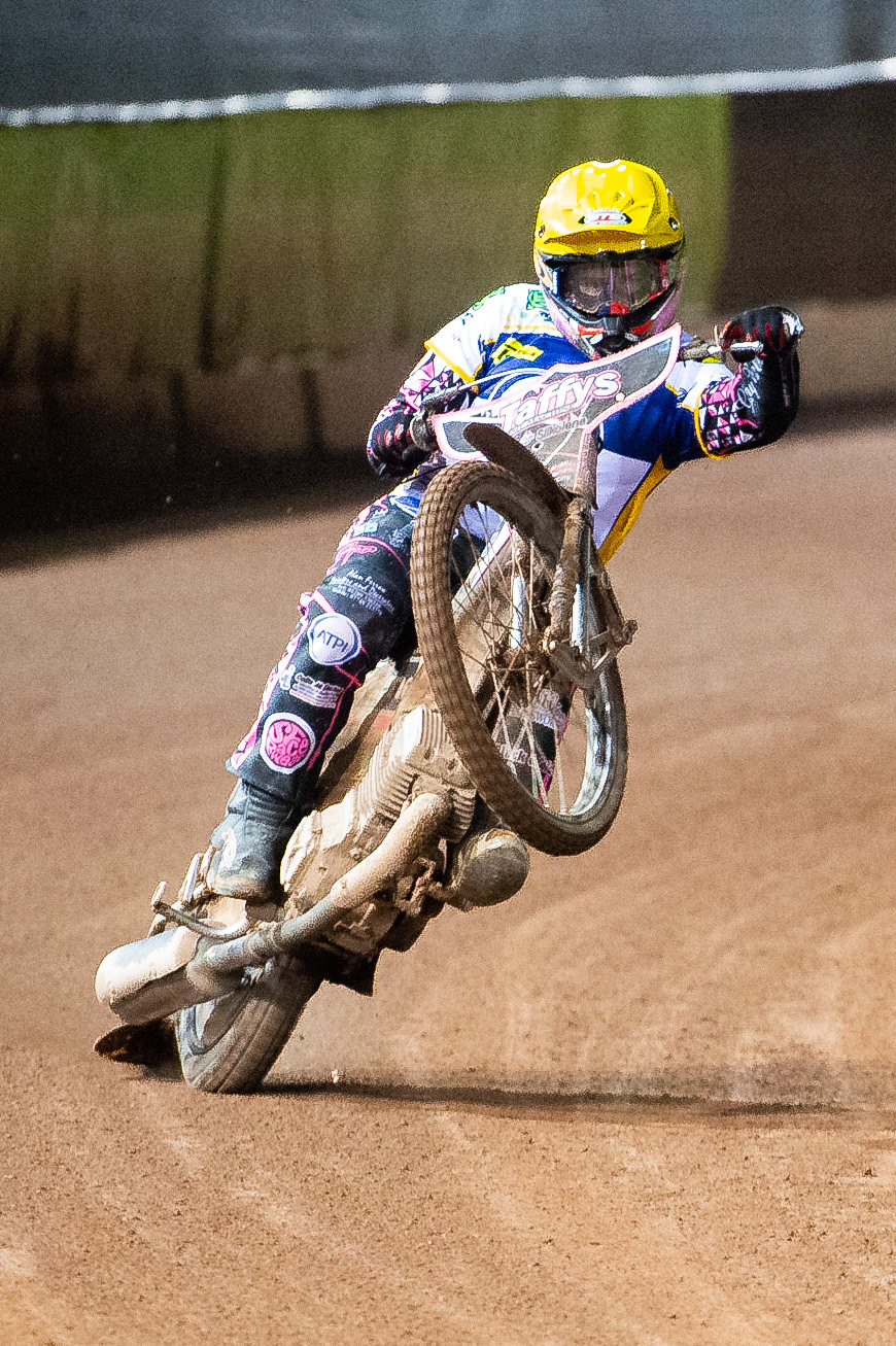 Photo: Ian CharlesLeon Flint of the 'ATPI' All Stars pulls a wheelieBelle Vue ‘Bikerite ’Aces v ‘ATPI’ All Stars, Premiership Challenge, National Speedway Stadium, Manchester Thursday  24  September  2020