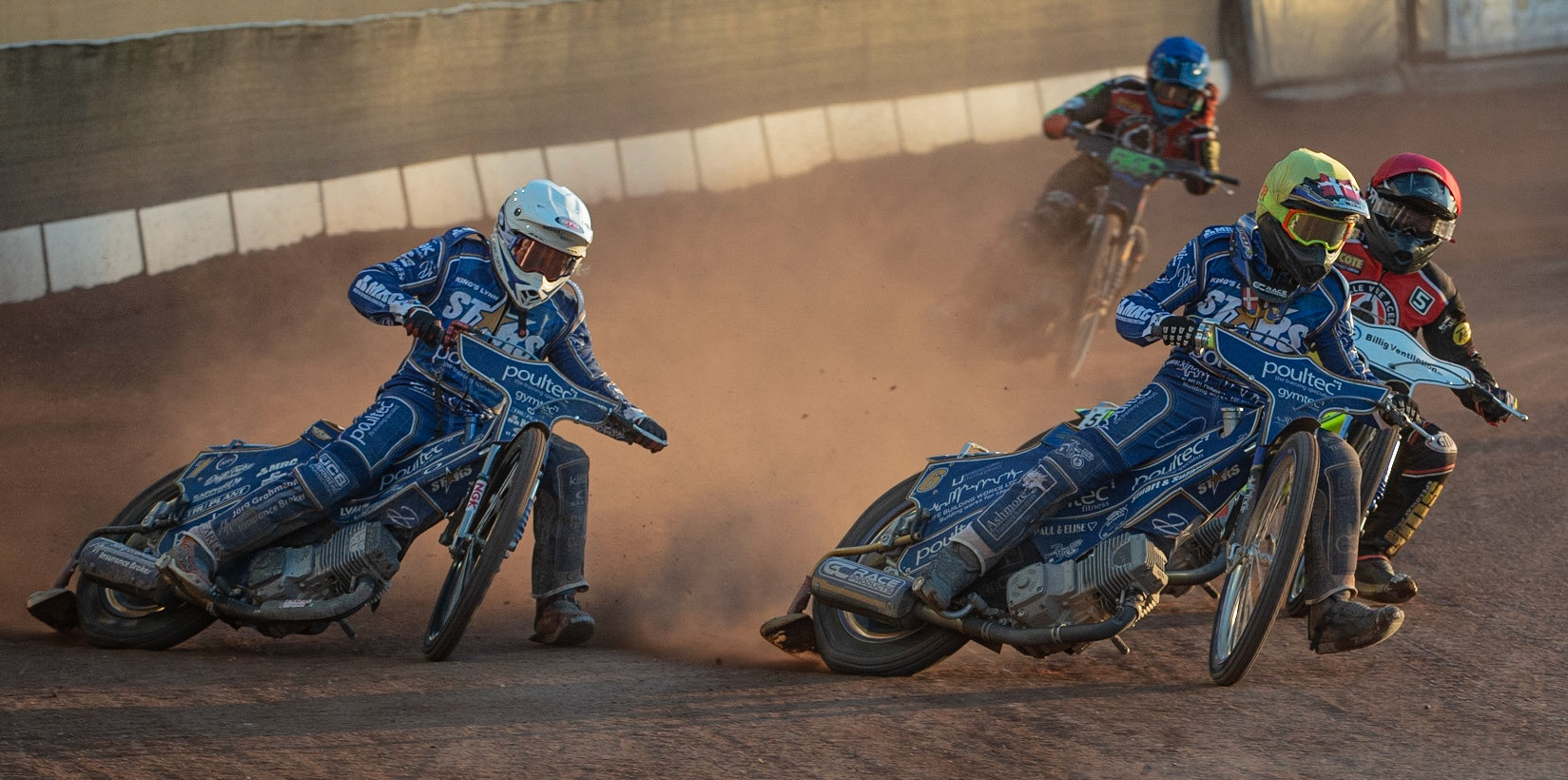 Photo: Ian Charles

Michael Palm Toft (Yellow) passes ​​Kenneth Bjerre​​ (Red) with ​Robert Lambert  (White) on the outside and ​Dimitri Berge  (Blue) behind

Belle Vue Aces v Kings Lynn Stars, British Speedway Premiership, Belle Vue National Speedway Stadium, Manchester, Thursday 16  May  2019