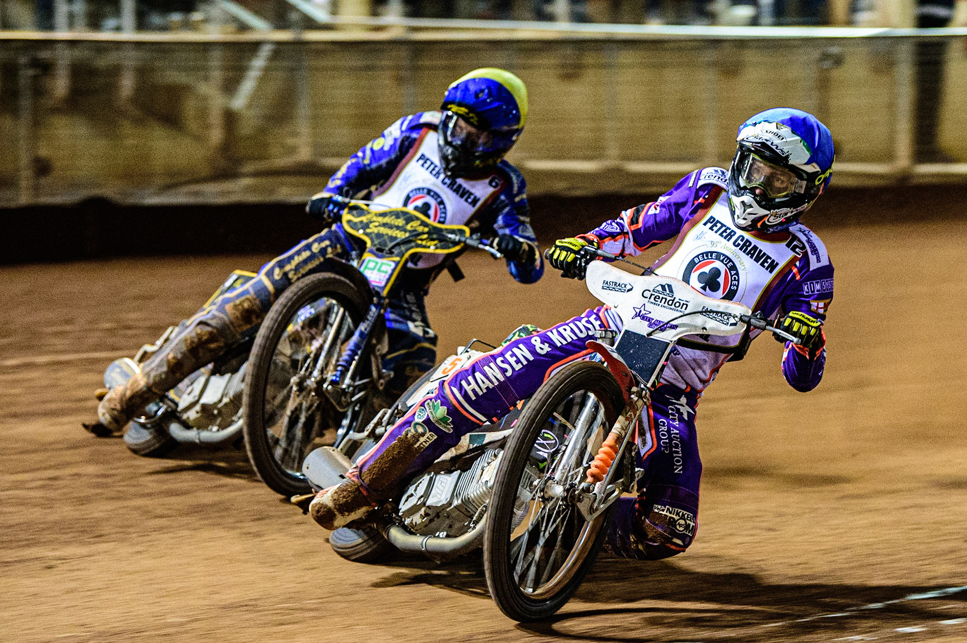 Niels-Kristian Iversen  (Blue) passes Kyle Howarth  (Yellow) during the Peter Craven Memorial Trophy  at the National Speedway Stadium, Manchester on Monday 3rd April 2023. (Photo: Ian Charles | MI News)