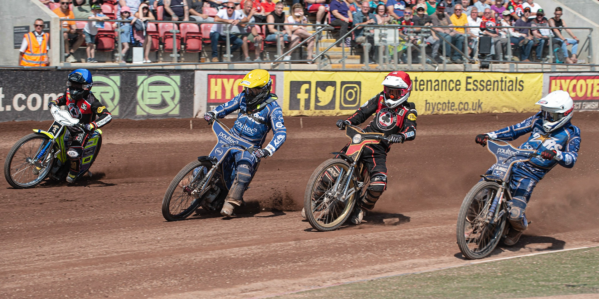 Photo: Ian Charles

Heat 13: (l-r) Kenneth Bjerre  (Blue), Craig Cook  (Yellow), Max Fricke  (Red), Robert Lambert  (White)

Belle Vue Aces v Kings Lynn Stars, British Speedway Premiership, Belle Vue National Speedway Stadium, Manchester, Monday 26  August  2019