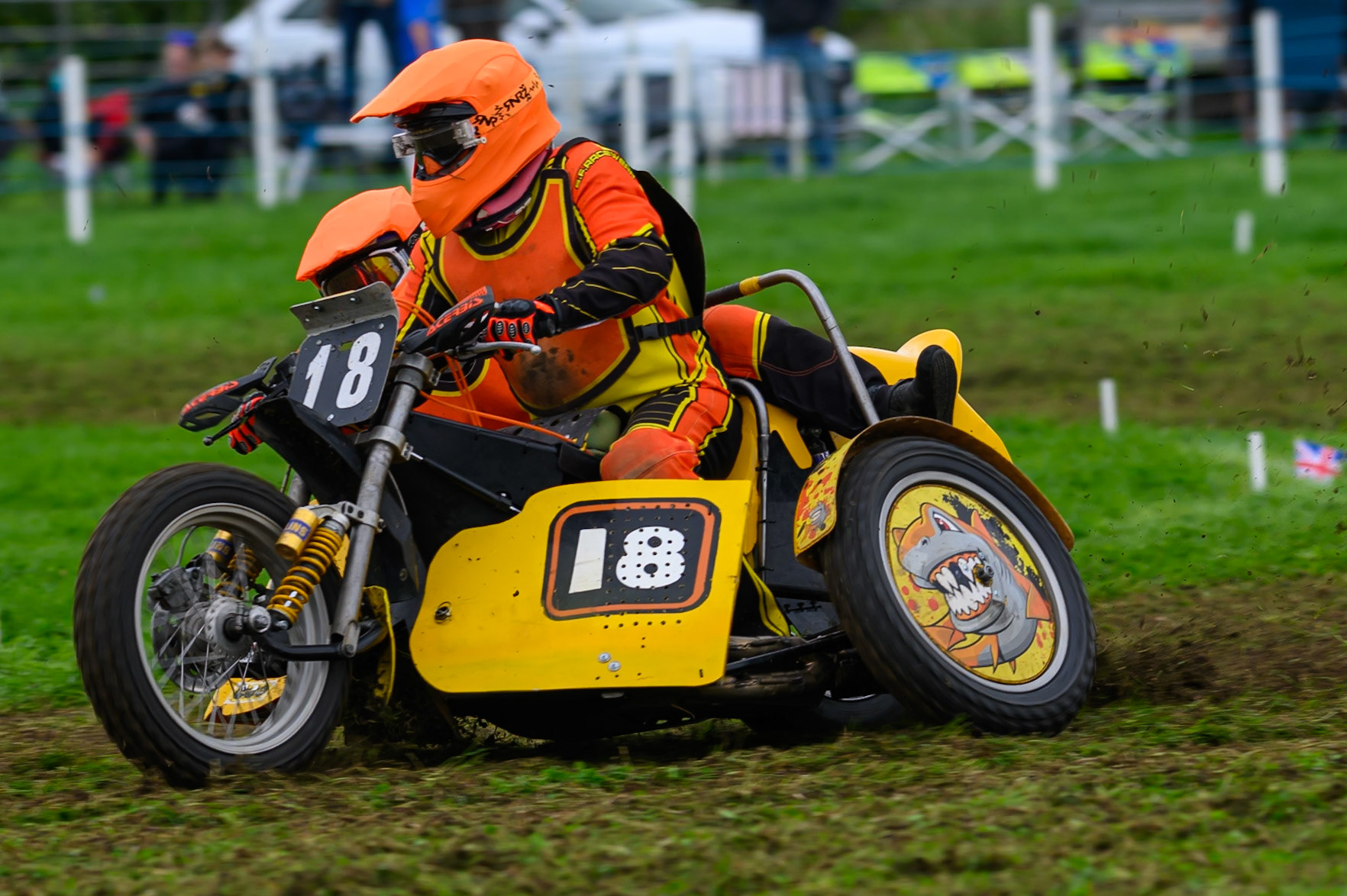 Mick Stace/Terry Madley (18) during practice for  the British Masters Grasstrack Championship at Lower Marsh Farm, Much Hoole, Preston in Lancashire, England on Sunday 13th September 2026. (Photo: Ian Charles | MI News)