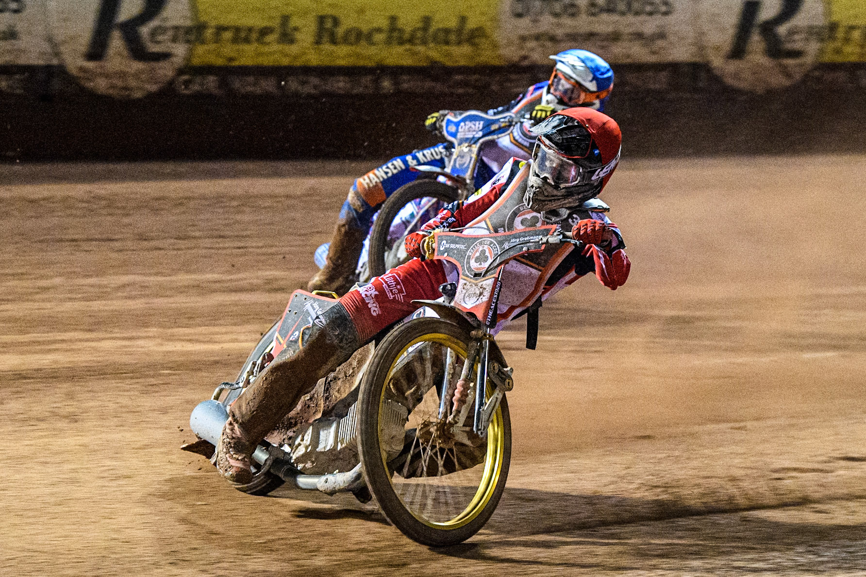 Norick Blodorn in Red rides inside Niels-Kristian Iversen in Blue during the Peter Craven Memorial Trophy at the National Speedway Stadium, Manchester on Monday 17th March 2025. (Photo: Ian Charles | MI News)