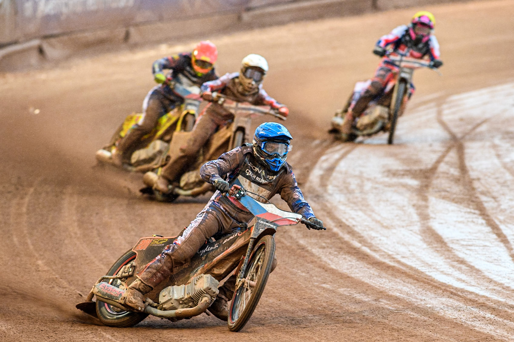Jan Kvech of The Czech Republic in Blue leading Mathias Pollestad of Norway in White Vaclav Milik of The Czech Republic in Red and Truls Kamhaug of Norway in Yellow during the Monster Energy FIM Speedway of Nation Semi Final 2 at the National Speedway Stadium, Manchester on Wednesday 10th July 2024. (Photo: Ian Charles | MI News)