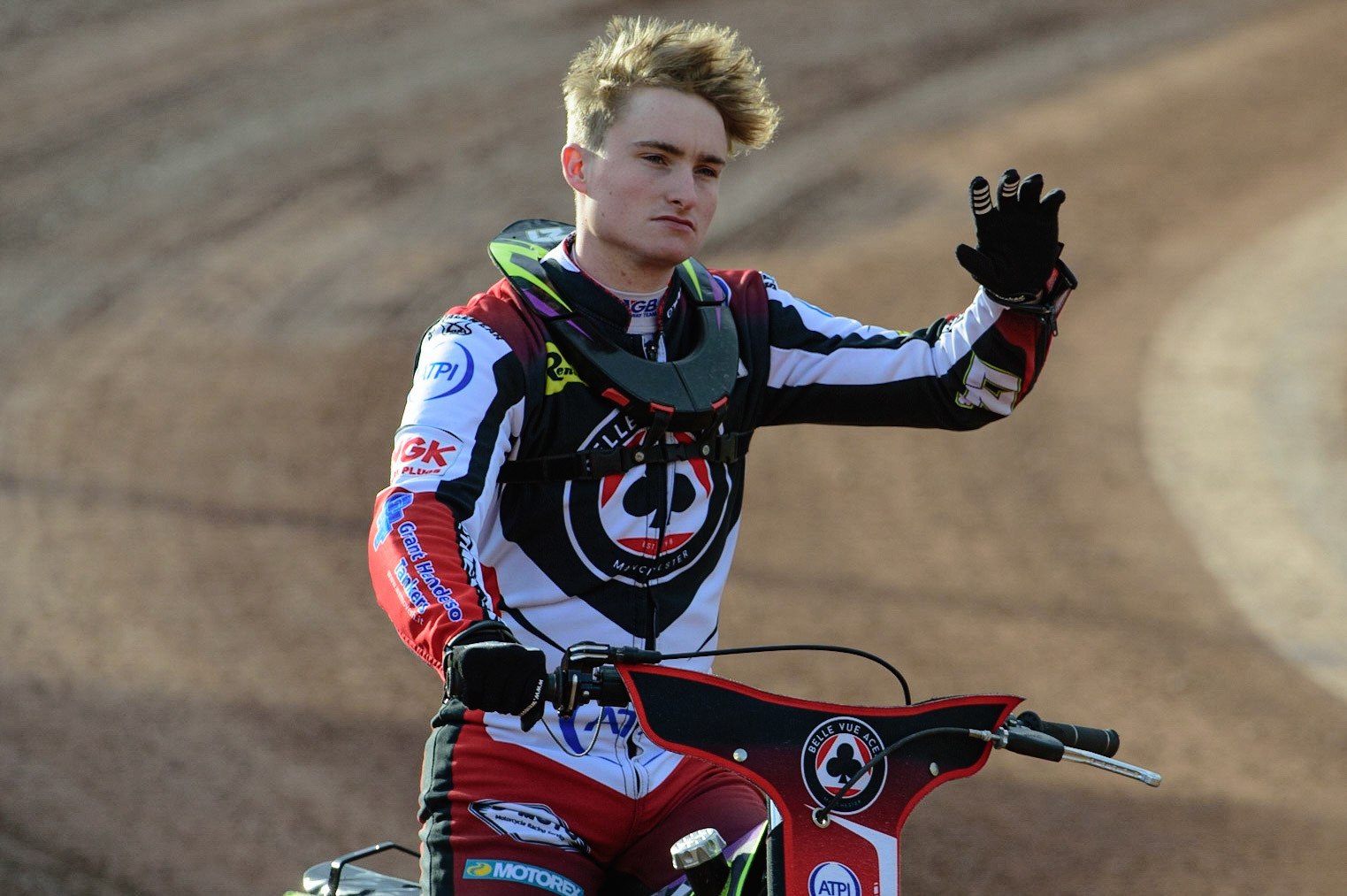 MANCHESTER, UK. JUL 5TH  Tom Brennan  on the parade lap  during the SGB Premiership match between Belle Vue Aces and Sheffield Tigers at the National Speedway Stadium, Manchester on Tuesday 5th July 2022. (Credit: Ian Charles | MI News)