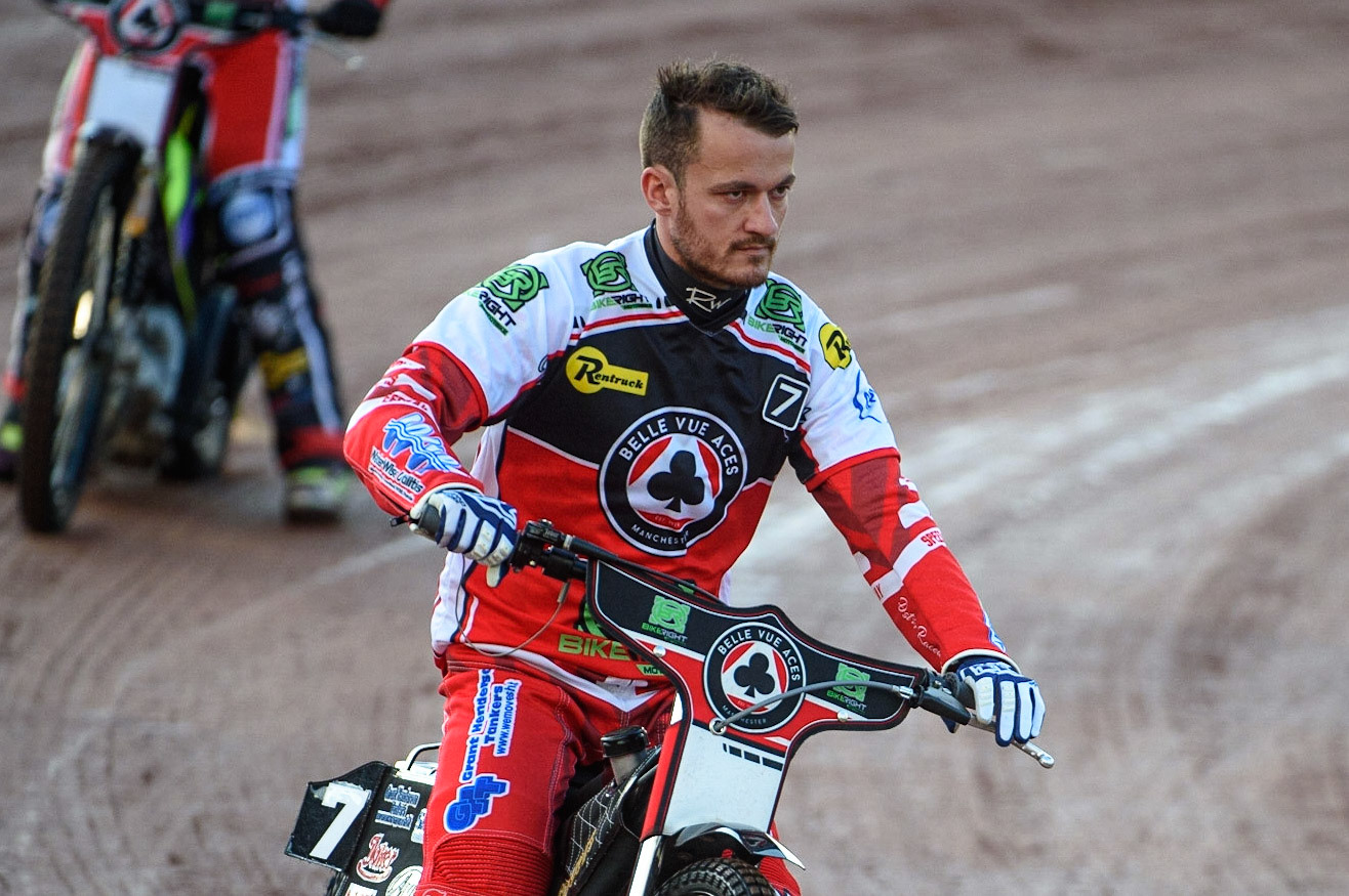 MANCHESTER, UK. AUG 9TH Belle Vue BikeRight Aces  guest Ricky Wells on the pre match parade  during the SGB Premiership match between Belle Vue Aces and Peterborough at the National Speedway Stadium, Manchester on Monday 9th August 2021. (Credit: Ian Charles | MI News)