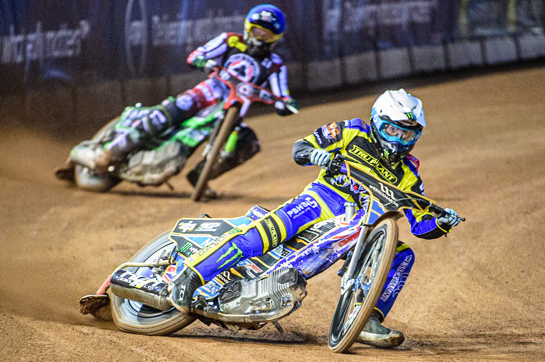 Jack Holder  (White) leads Charles Wright  (Blue) during the SGB Premiership match between Belle Vue Aces and Sheffield Tigers at the National Speedway Stadium, Manchester on Monday 27th March 2023. (Photo: Ian Charles | MI News)