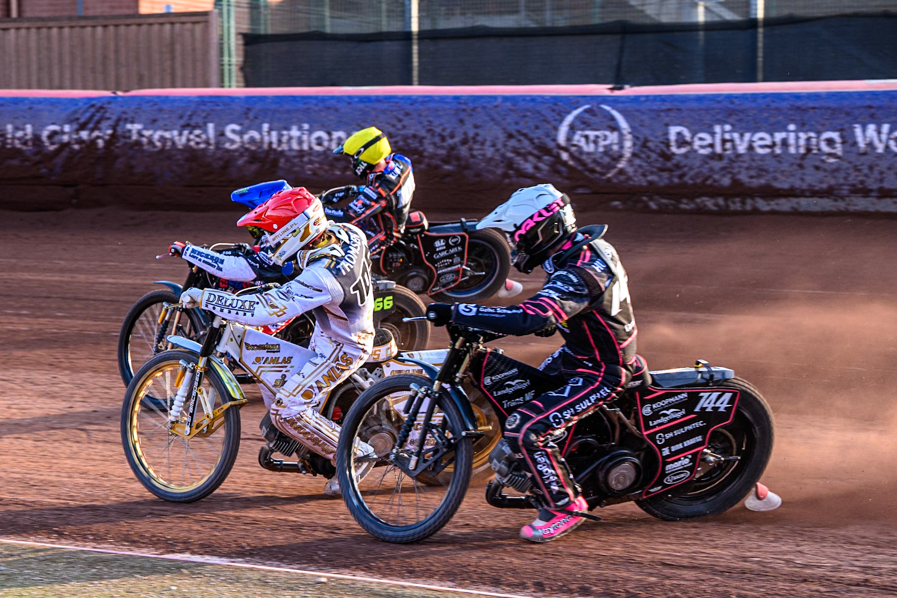 Kai Huckenbeck (744) of Germany in White on the inside  of Anders Thomsen (105) of Denmark in Red, Fredrik Lindgren (66) of Sweden in Blue and Brady Kurtz (101) of Australia in Yellow during the ATPI FIM Speedway Grand Prix Round 5 at the National Speedway Stadium, Manchester, on Saturday 14th June 2025. (Photo: Ian Charles | MI News)