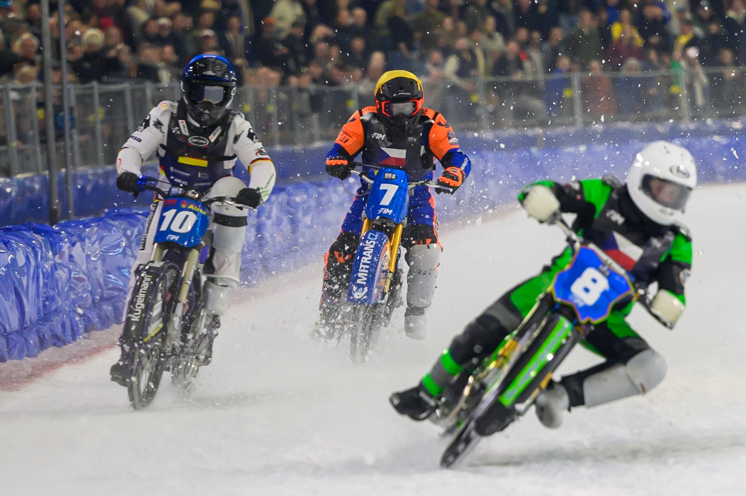 Andrej Diviš (8) of Czechia in White leading Christoph Kirchner (10) of Germany in Blue and Lukáš Hutla (7) of Czechia  in Yellow during the FIM Ice Speedway Of Nations at Ice Rink Thialf, Heerenveen on Sunday 12th April 2026. (Photo: Ian Charles | MI News)