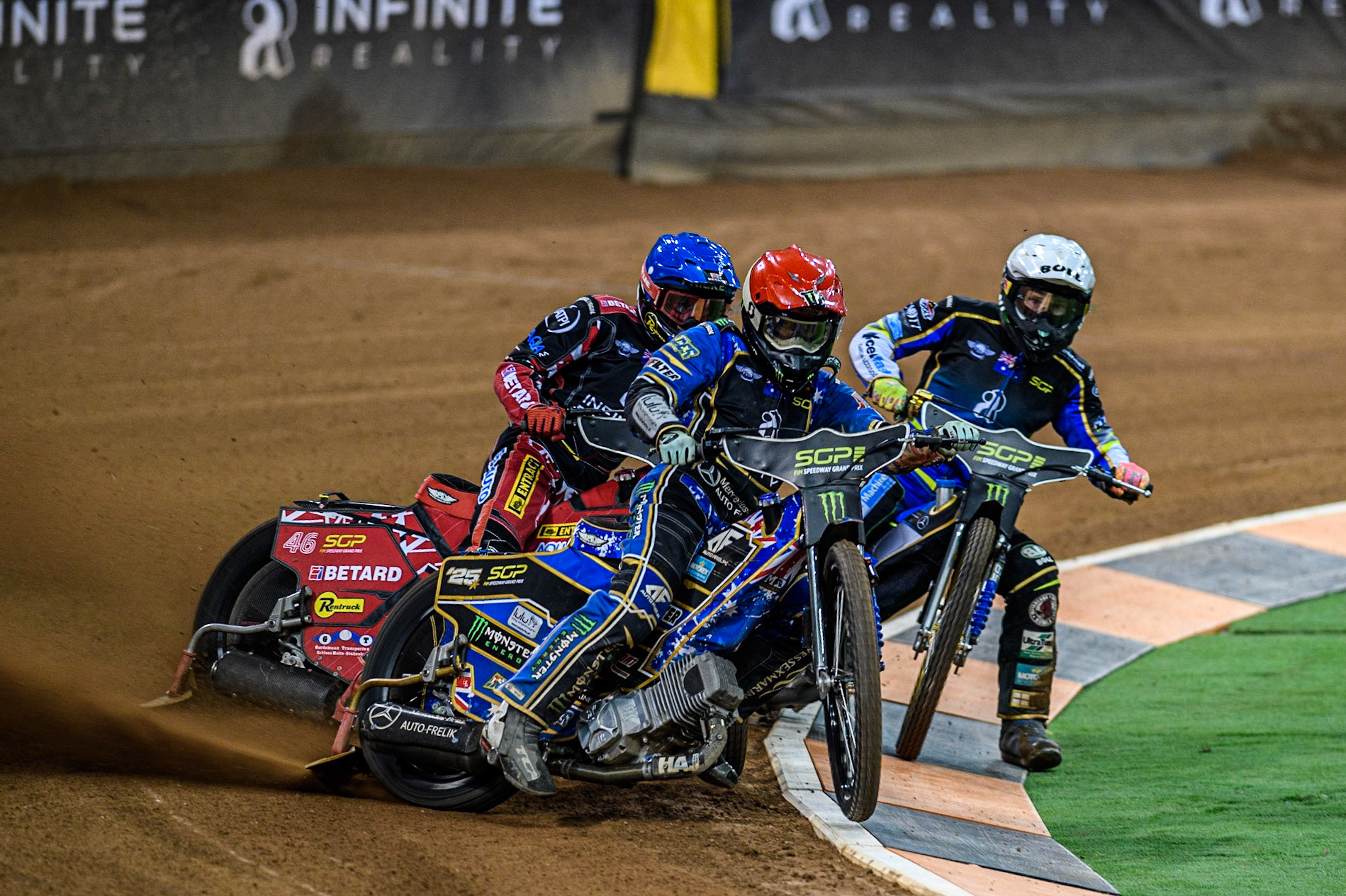 Jack Holder (25) (Red) leads  Max Fricke (46) (Blue) and Jason Doyle (69) (White) during the FIM Speedway Grand Prix of Great Britain at the Principality Stadium, Cardiff on Saturday 2nd September 2023. (Photo: Ian Charles | MI News)
