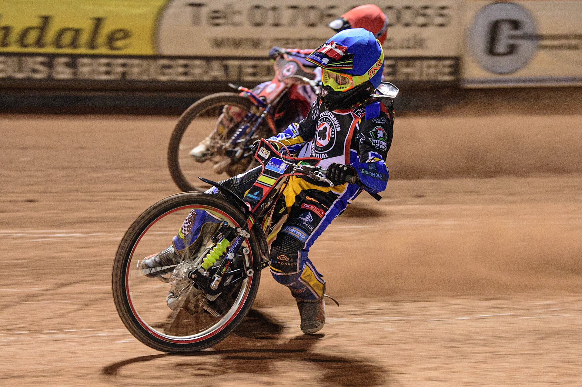 MANCHESTER, UK. MAR 21ST. Michael Palm-Toft inside Brady Kurtz (Red) during the ATPI Peter Craven Memorial Trophy at the National Speedway Stadium, Manchester on Monday 21st March 2022. (Credit: Ian Charles | MI News)