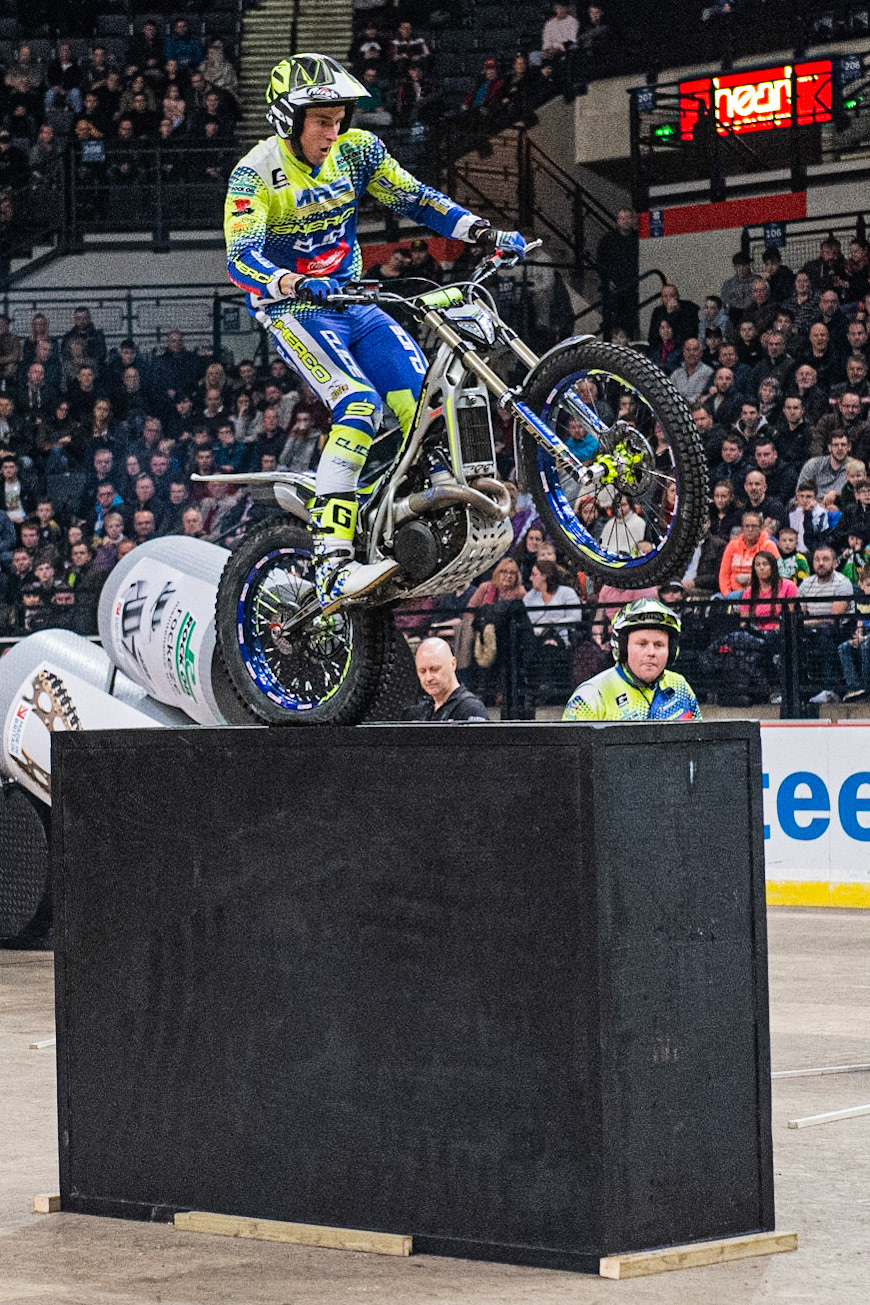SHEFFIELD, ENGLAND  - DECEMBER 28TH  Dan Peace, UK (Sherco) goes over the box obstacle  during the 25th Anniversary Sheffield Indoor Trial at the FlyDSA Arena, Sheffield on Saturday 28th December 2019. (Credit: Ian Charles | MI News)