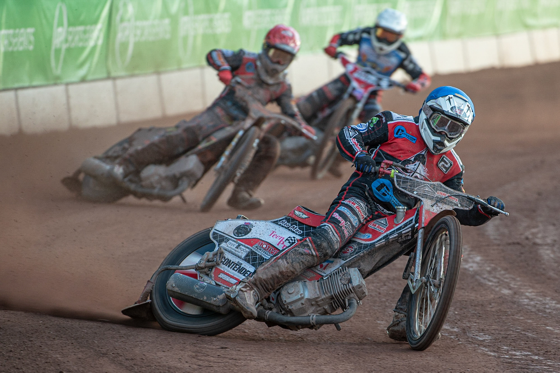 Photo: Ian Charles

Danny Phillips  (Blue) leads Jordan Palin  (Red) and Ben Morley  (White)

Belle Vue Colts v Isle Of Wight Warriors, SGB National League KO Cup Quarter Final 1st Leg, Belle Vue National Speedway Stadium, Manchester, Monday 22  July  2019