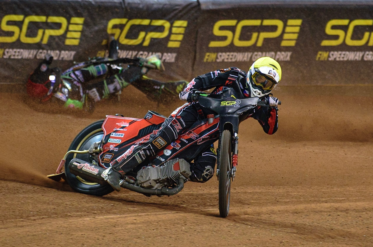 Jan Kvech (Czech Republic)  (White) brings down Benjamin Basso (Denmark)  (Red) during the FIM  Speedway Grand Prix  2 of Great Britain at the Principality Stadium, Cardiff on Sunday 14th August 2022. (Credit: Ian Charles | MI News)