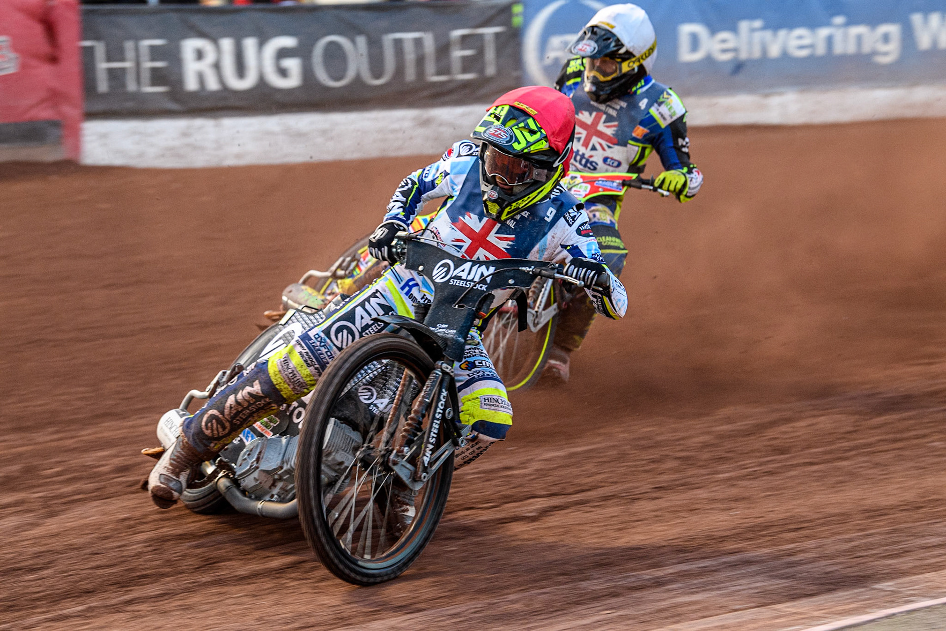 Lewis Kerr in Red leading Simon Lambert in White during the Attis Insurance Sports Division British Speedway Championship Final at the National Speedway Stadium, Manchester on Saturday 8th June 2024. (Photo: Ian Charles | MI News)