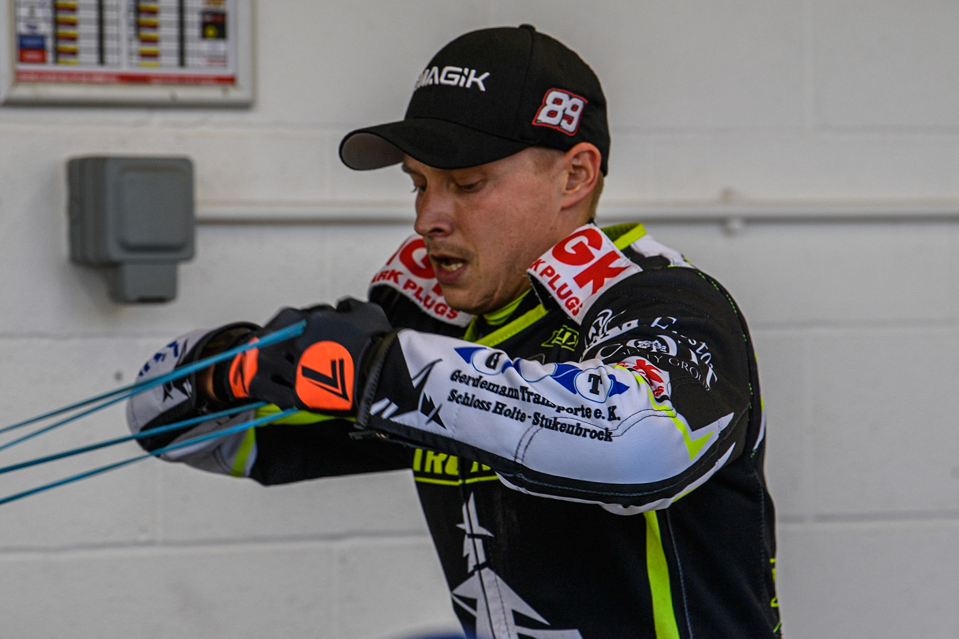 Emil Sayfutdinov does some warm up exercise during the Sports Insure Premiership match between Belle Vue Aces and Ipswich Witches at the National Speedway Stadium, Manchester on Monday 17th July 2023. (Photo: Ian Charles | MI News)