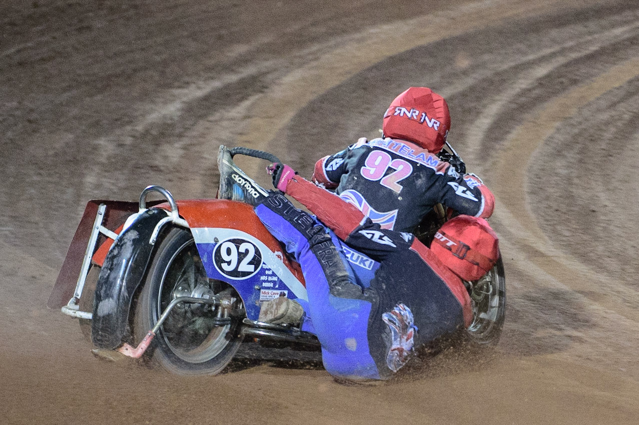 MANCHESTER, UK. OCT 30TH   Paul Whitelam &amp; Richard Webb  in action  during the Manchester Masters Sidecar Speedway and Flat Track Racing at the National Speedway Stadium, Manchester on Saturday 30th October 2021. (Credit: Ian Charles | MI News)