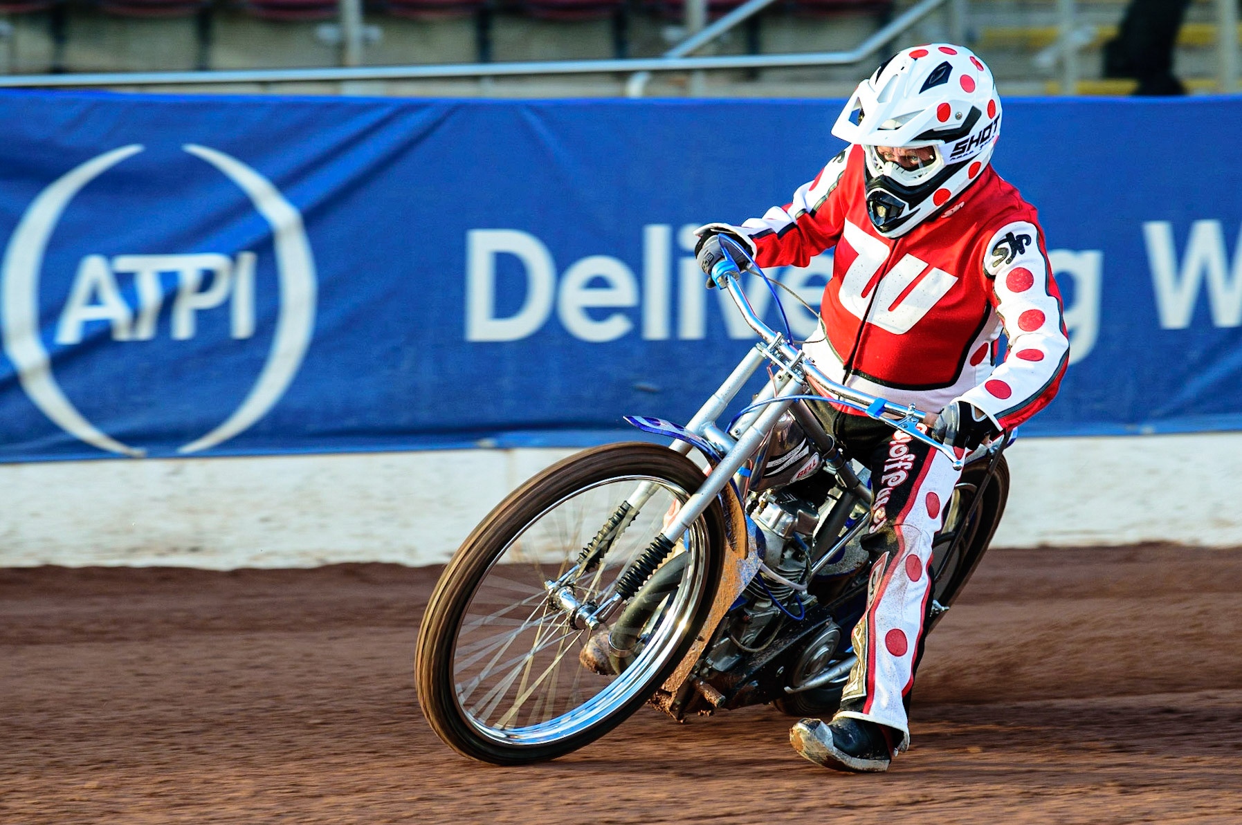 Geoff Pusey doing some demonstration laps on the restored Weslake Speedway bike, originally ridden by his late brother Chris, during the National Development League match between Belle Vue Aces and Leicester Lions at the National Speedway Stadium, Manchester on Friday 19th August 2022. (Credit: Ian Charles | MI News)