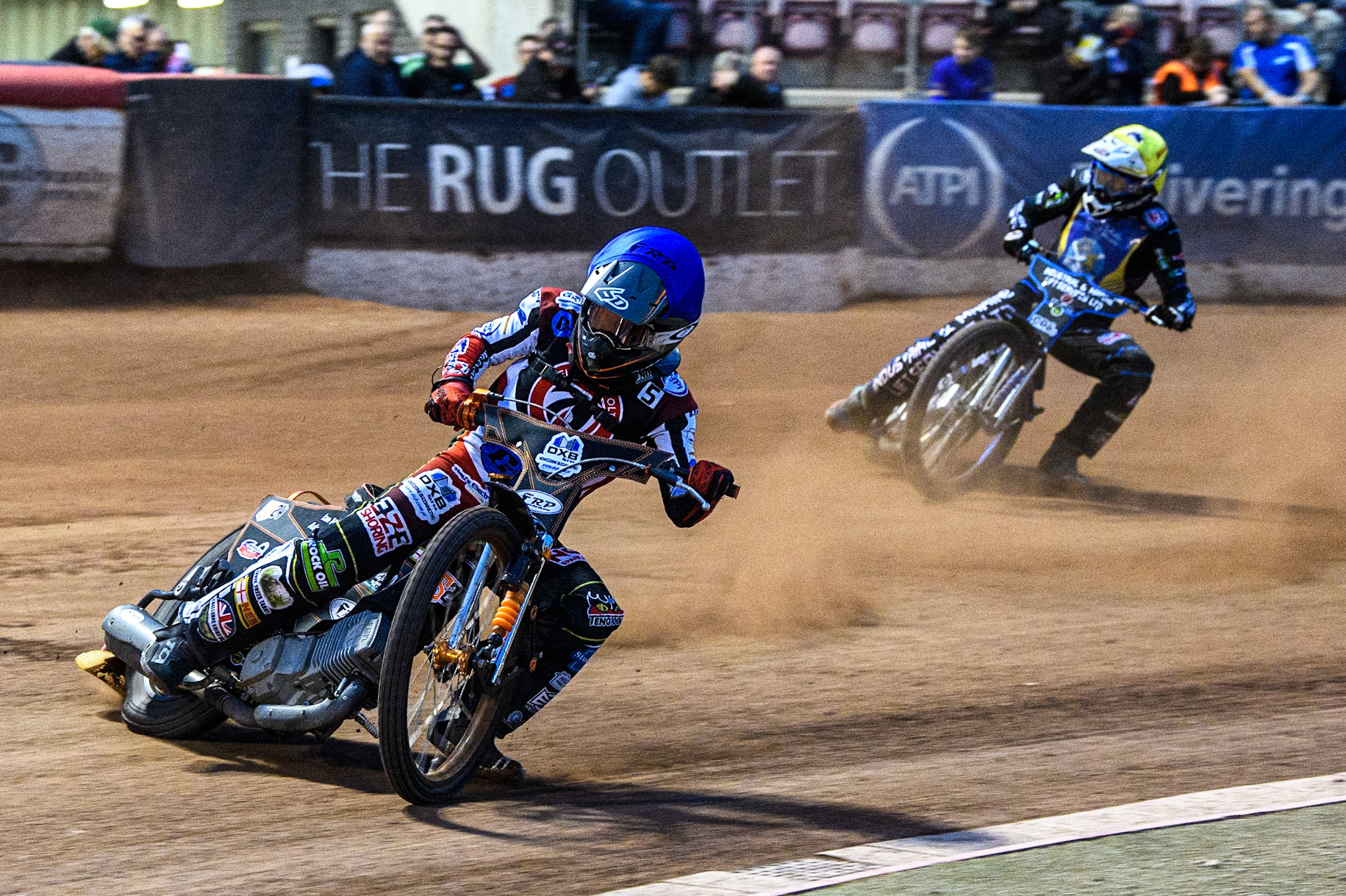 Jack Smith (Blue) leads Max Clegg (White) during the National Development League match between Belle Vue Colts and Edinburgh Monarchs Academy at the National Speedway Stadium, Manchester on Friday 21st July 2023. (Photo: Ian Charles | MI News)
