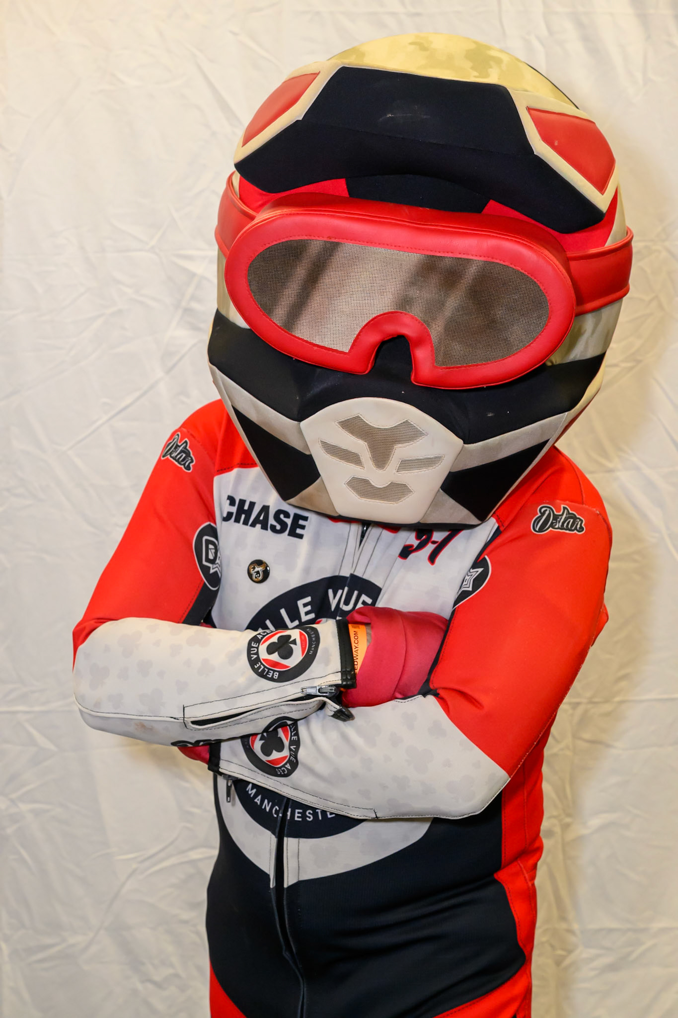 Belle Vue Mascot Chase The Aces during the Knockout Cup, Northern Section match between Belle Vue Aces and Sheffield Tigers at the National Speedway Stadium, Manchester on Monday 30th March 2026. (Photo: Ian Charles | MI News)