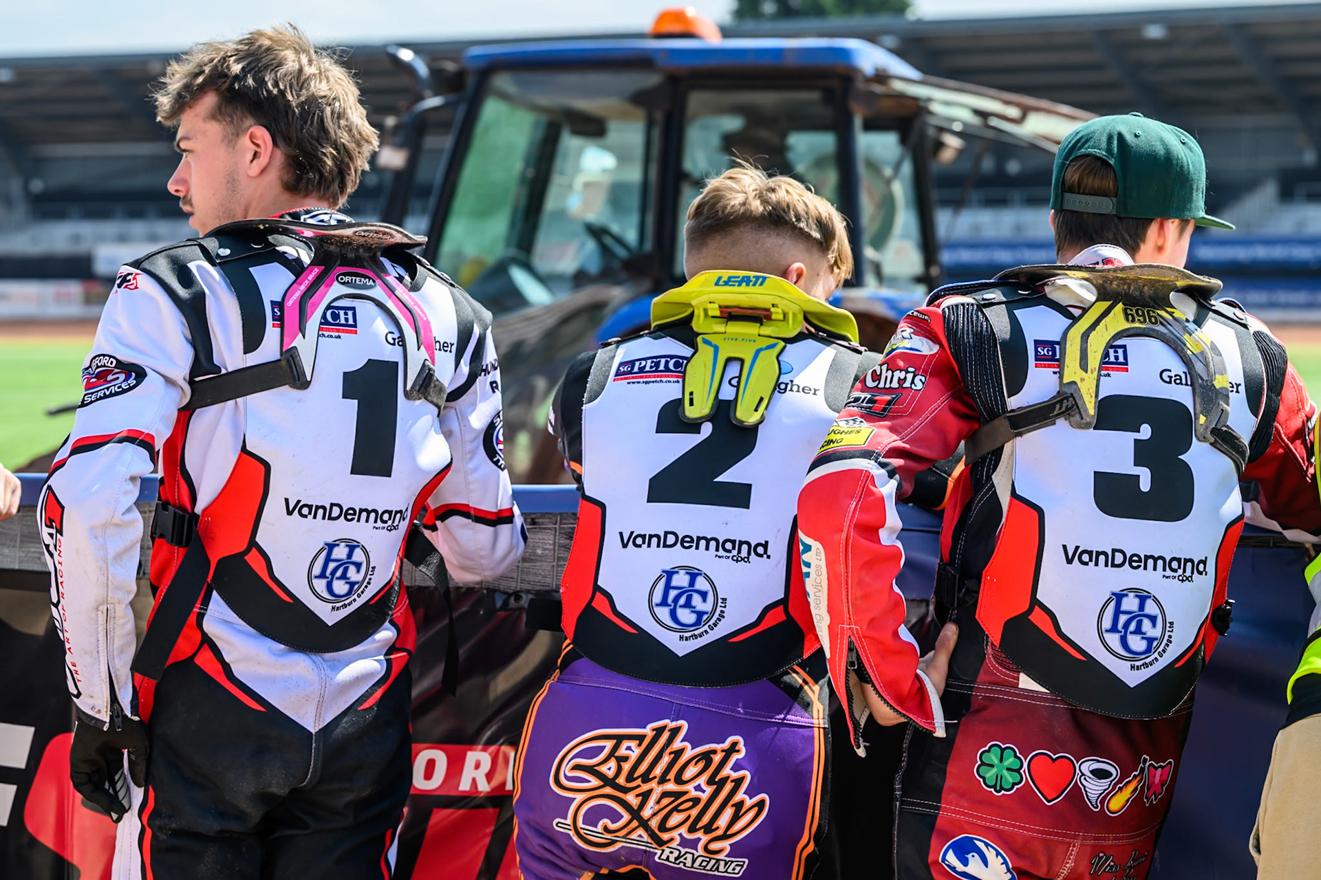 (L to R) Ace Pijper, Elliot Kelly and Stene Pijper of Middlesborough Tigers  watch the track prepduring the WSRA National Development League match between Belle Vue Colts and Middlesbrough Tigers at the National Speedway Stadium, Manchester on Sunday 10th August 2025. (Photo: Mark Fletcher | MI News)