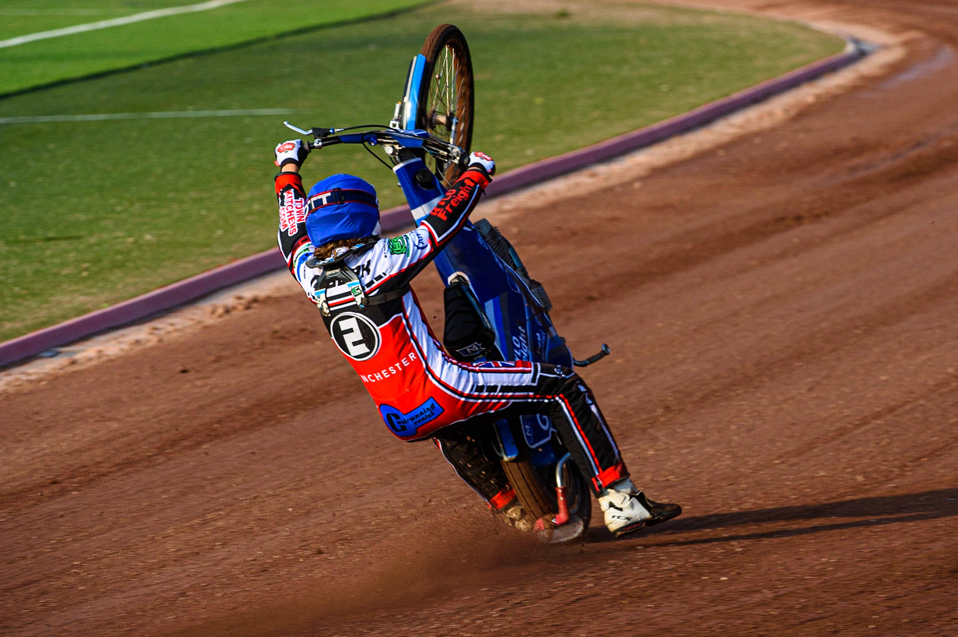 MANCHESTER, UK. JULY 23RD Harry McGurk  \loses control of his machine on the back straight during the National Development League match between Belle Vue Colts and Eastbourne Seagulls at the National Speedway Stadium, Manchester on Friday 23rd July 2021. (Credit: Ian Charles | MI News)