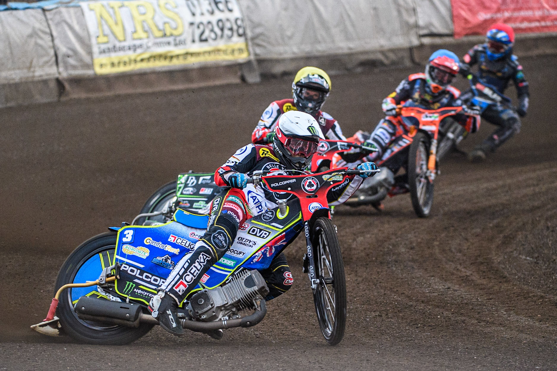 Jaimon Lidsey  (White) leads  Charles Wright  (Yellow), Jordan Jenkins (Blue) and Emil Breum (Red) during the Sports Insure Premiership match between King's Lynn Stars and Belle Vue Aces at the Adrian Flux Arena, King's Lynn on Thursday 24th August 2023. (Photo: Ian Charles | MI News)