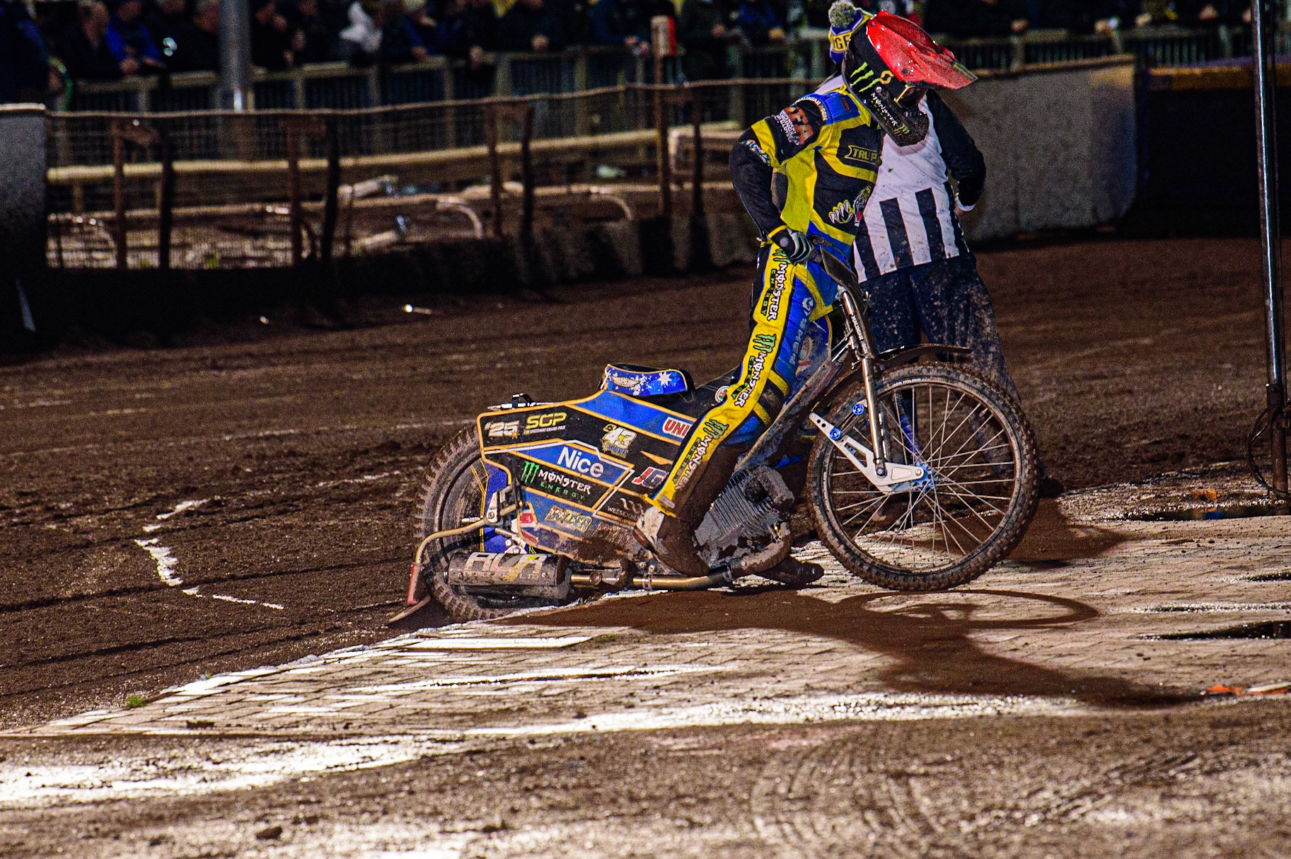 Jack Holder  pulls up with a puncture  during the Sheffield Tigers vs Belle Vue Aces meeting in the SGP Premiership at Owlerton Stadium, Sheffield on Thursday 23rd March 2023. (Photo: Ian Charles | MI News)