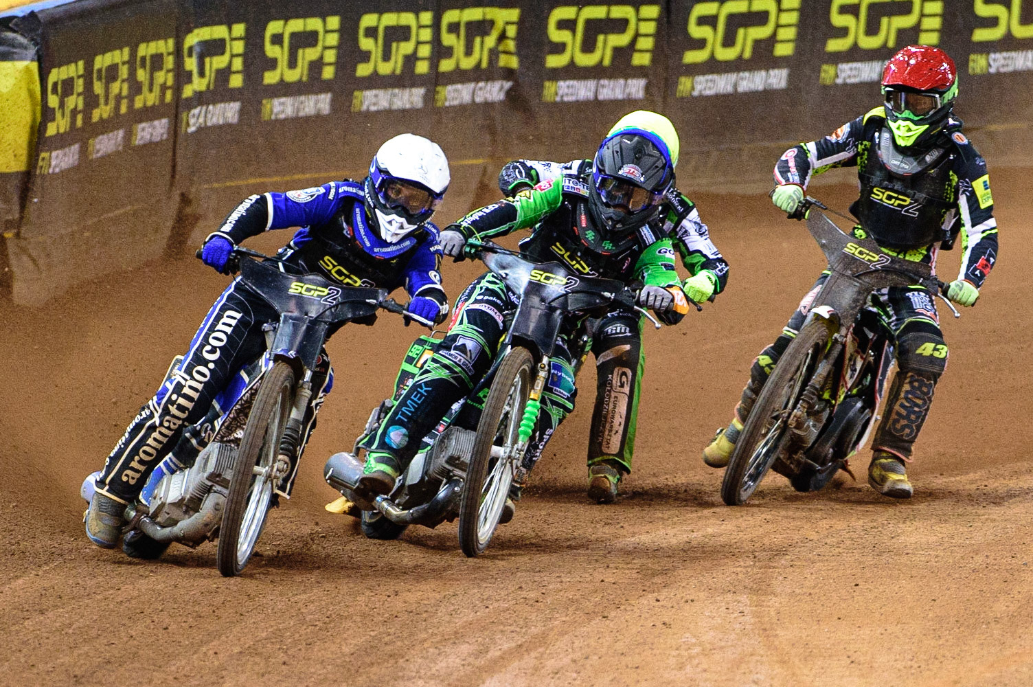 Jakub Miskowiak (Poland) (White) leads Benjamin Basso (Denmark)  (Blue) Mateusz Swidnicki (Poland)  (Yellow) and Casper Henriksson (Sweden) (Red) during the FIM  Speedway Grand Prix  2 of Great Britain at the Principality Stadium, Cardiff on Sunday 14th August 2022. (Credit: Ian Charles | MI News)