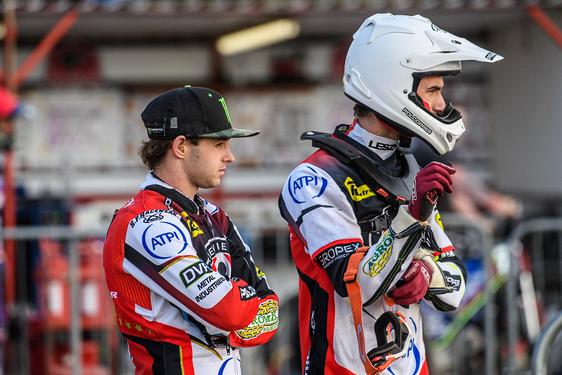 Jaimon Lidsey (left) and Keynan Rew watch the opening heat during the Sports Insure Premiership match between Peterborough and Belle Vue Aces at East of England Showground, Peterborough on Monday 26th June 2023. (Photo: Ian Charles | MI News)
