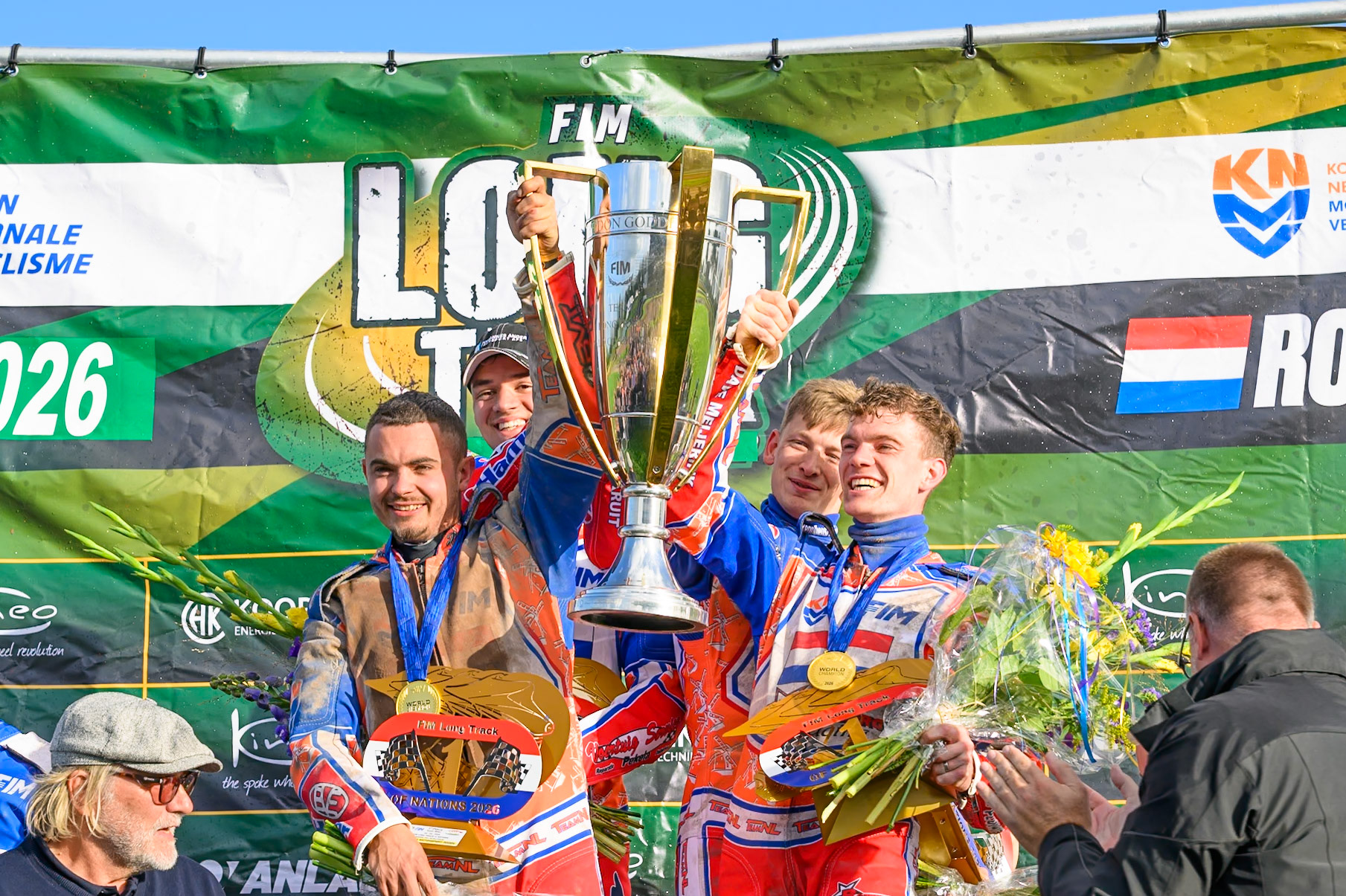 The Netherlands lift the trophy as Champions during the FIM Long Track of Nations 2026 at the Speed Centre Roden in the Netherlands on Sunday 20th September 2026. (Photo: Ian Charles | MI News)