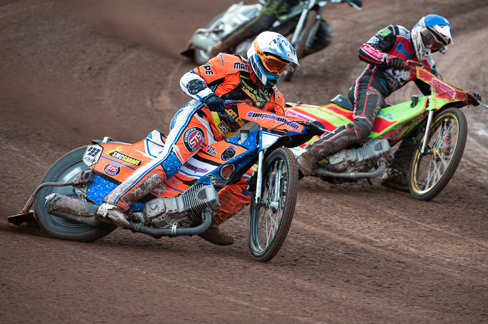 Photo: Ian Charles

Josh Embleton  (White) outside Ben Woodhull  (Blue)

Belle Vue Colts v Leicester Cubs, SGB National League, Belle Vue National Speedway Stadium, Manchester, Thursday 8  August  2019