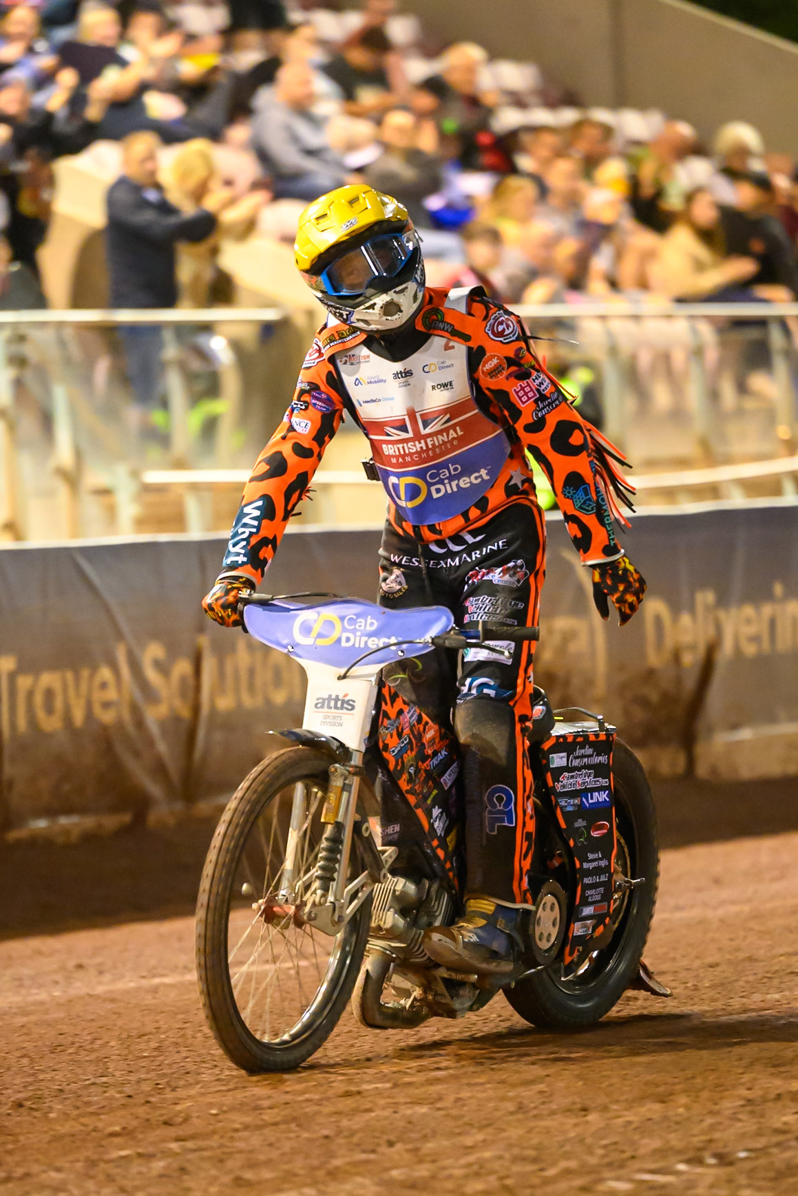 Cooper Rushen (2)  celebrates winning the Semi Final during the Cab Direct British Speedway Championship Final at the National Speedway Stadium, Manchester on Saturday 15th August 2026. (Photo: Ian Charles | MI News)