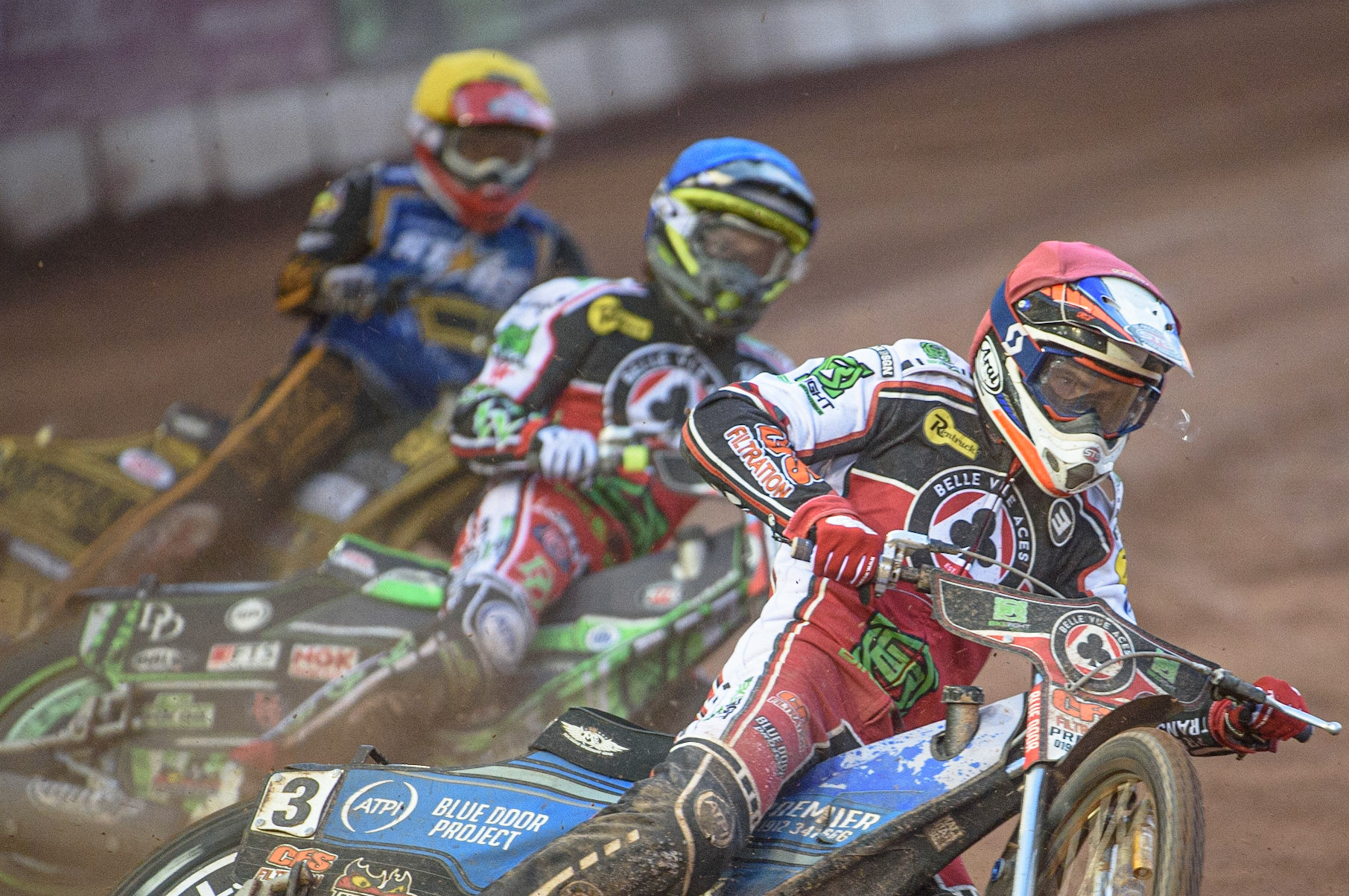 MANCHESTER, UK. AUGUST 23RD    Steve Worrall  (Red) leads Charles Wright  (Blue) and Ben Barker  (Yellow) during the SGB Premiership match between Belle Vue Aces and King's Lynn Stars at the National Speedway Stadium, Manchester on Monday 23rd August 2021. (Credit: Ian Charles | MI News)