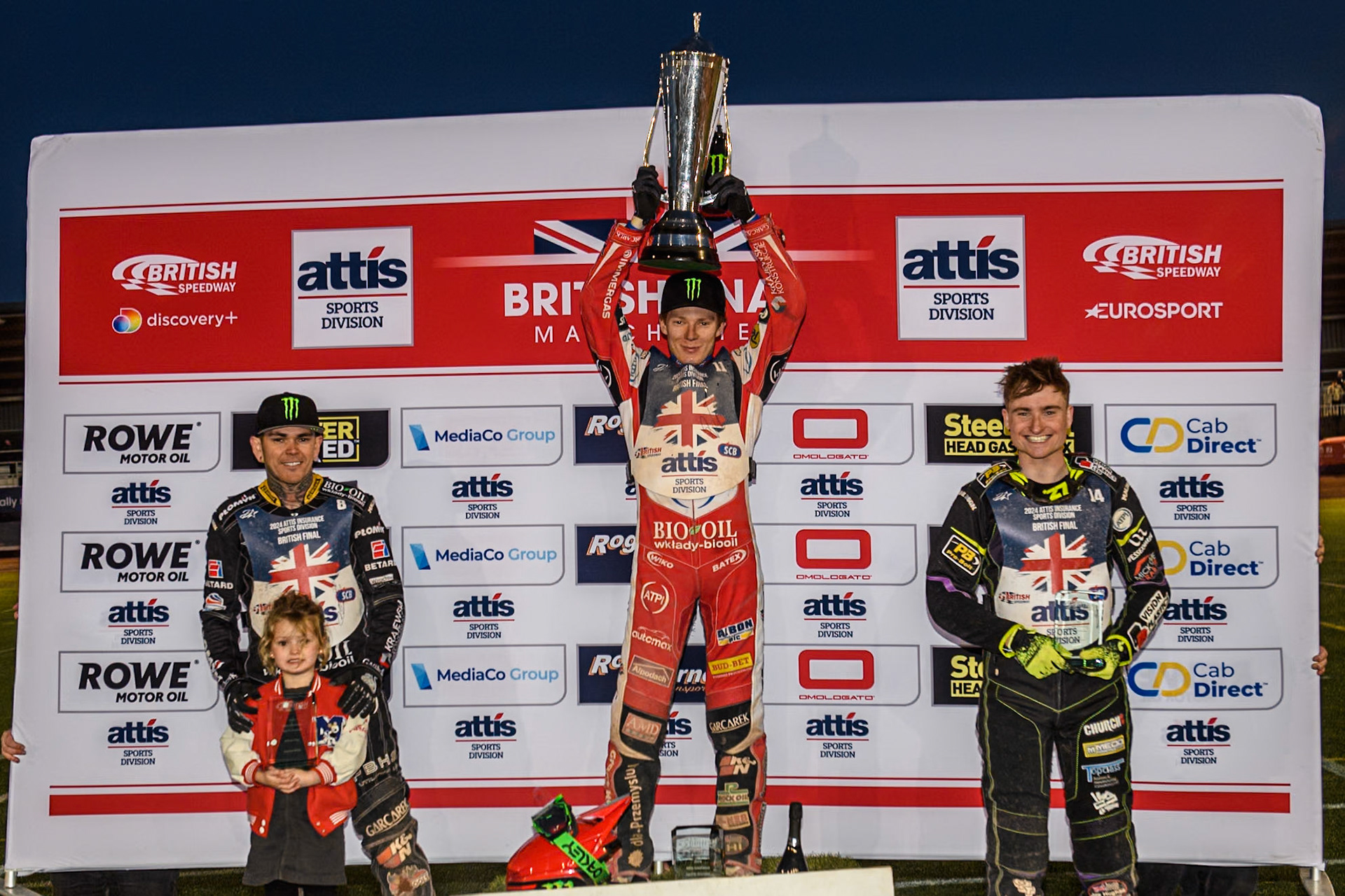British Final Top3: (L to R) Tai Woffinden (2nd), \BF11\ (Champion), Tom Brennan (3rd) during the Attis Insurance Sports Division British Speedway Championship Final at the National Speedway Stadium, Manchester on Saturday 8th June 2024. (Photo: Ian Charles | MI News)